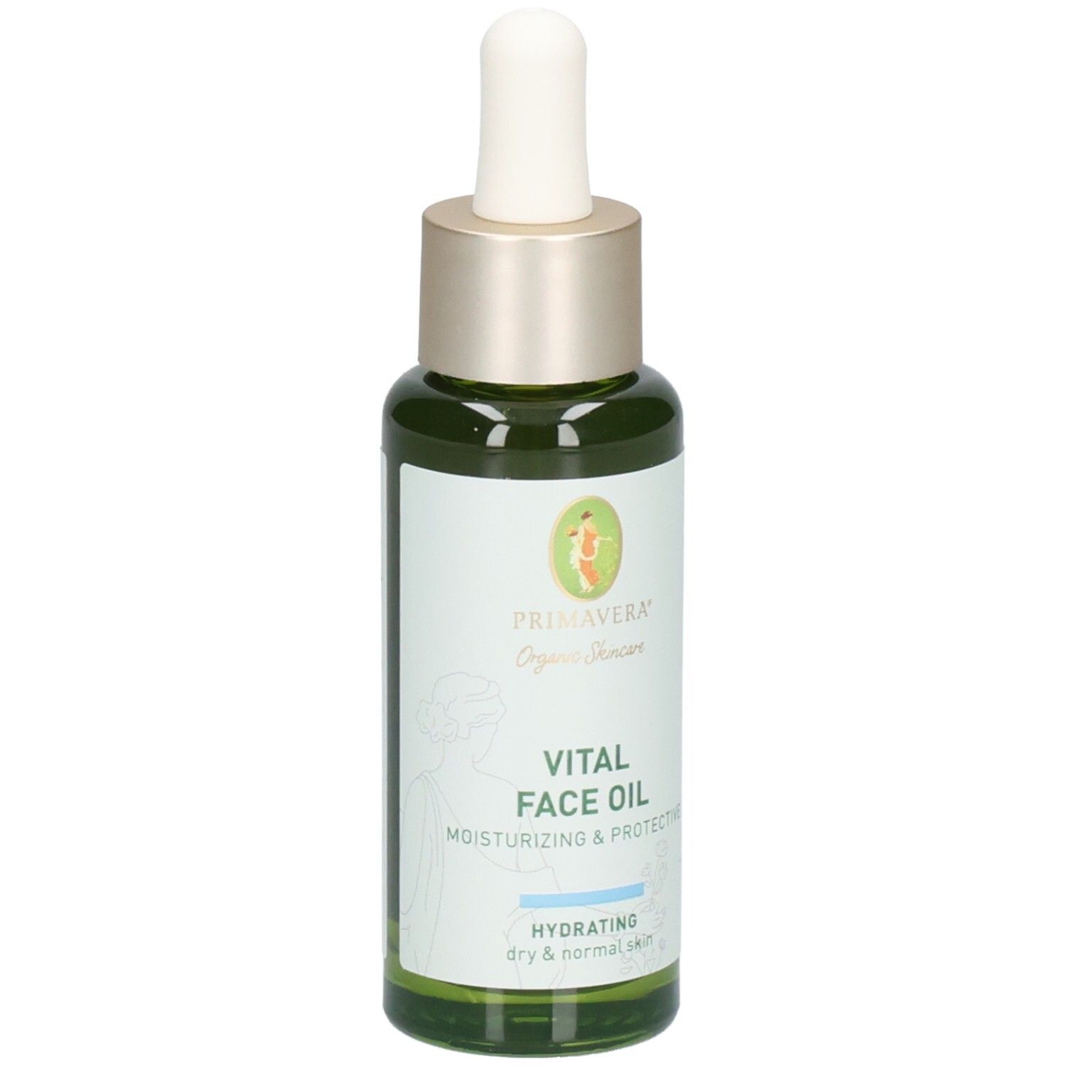 Flacone in vetro verde con contagocce, etichetta "VITAL FACE OIL" e "PRIMAVERA Organic Skincare".