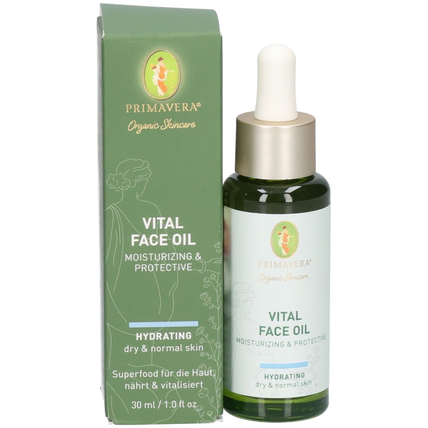 Flacone in vetro verde con contagocce accanto alla sua scatola pieghevole verde, entrambi con etichetta "VITAL FACE OIL".