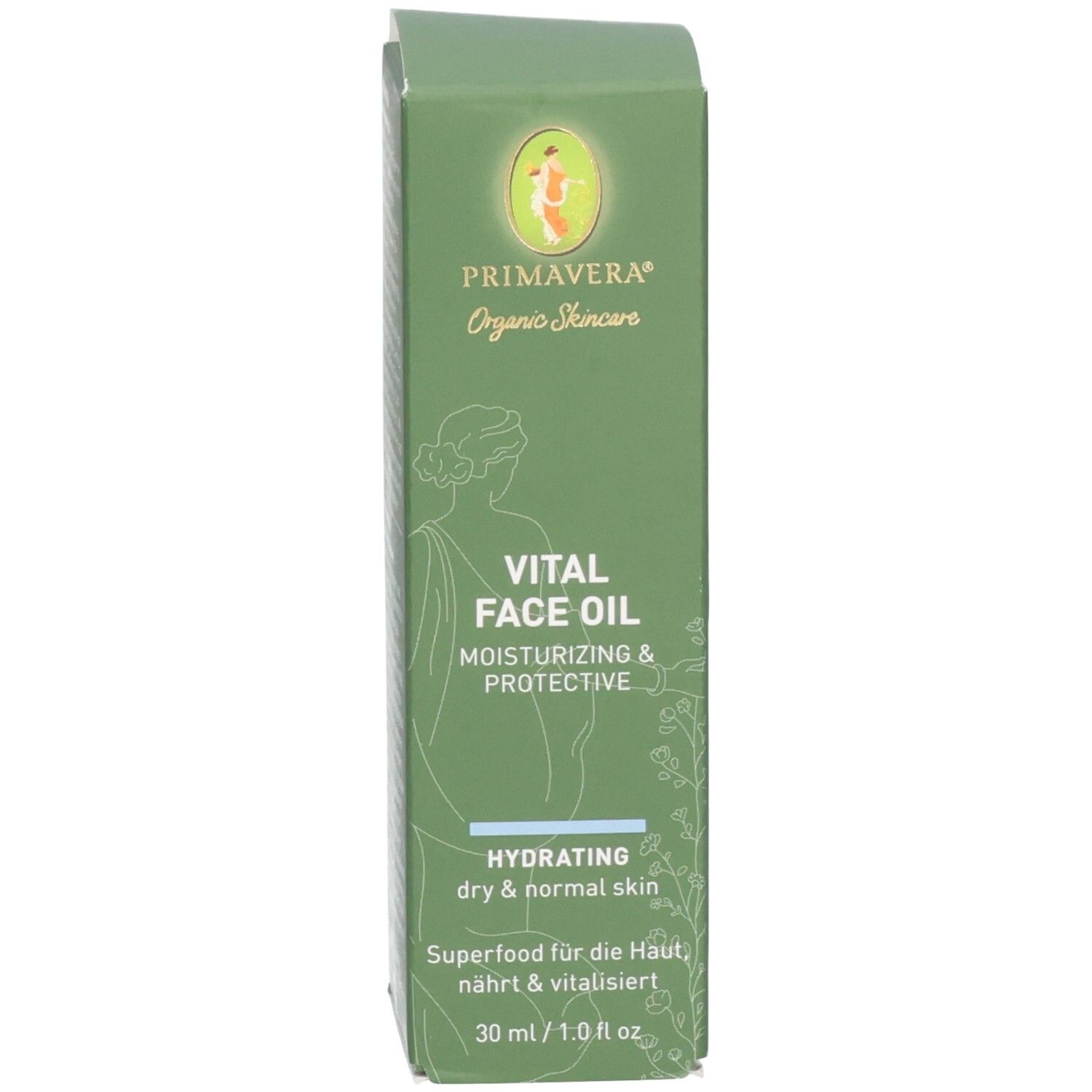 Scatola pieghevole verde con etichetta "VITAL FACE OIL", "PRIMAVERA Organic Skincare" e indicazione 30ml.
