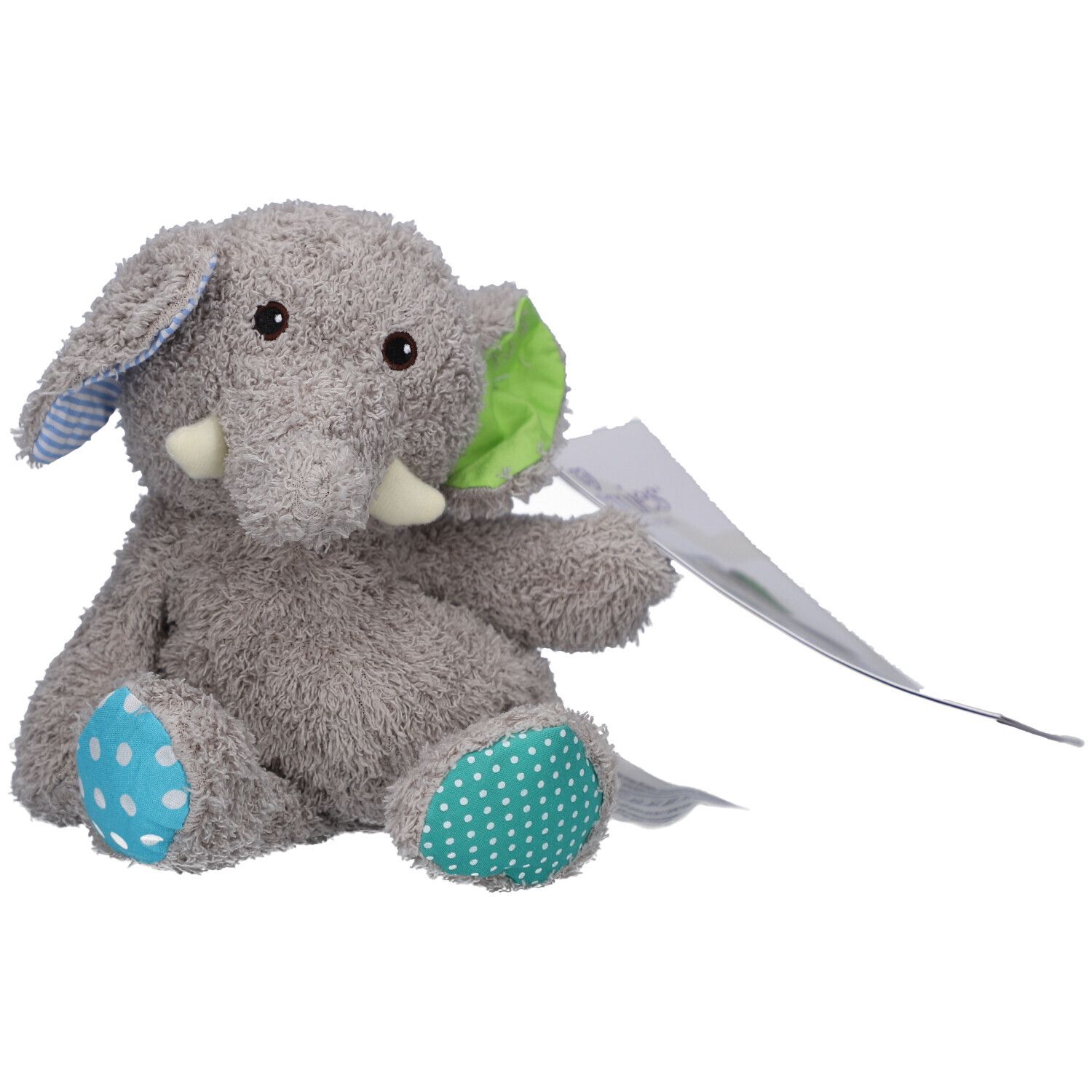Elefante di peluche grigio con dettagli blu e verdi. Etichetta con logo. Posizione seduta.