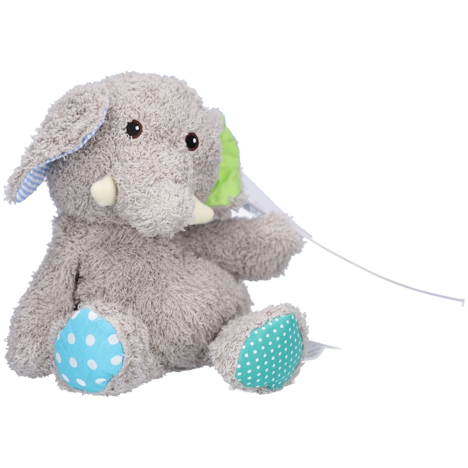 Elefante di peluche grigio con dettagli blu e verdi. Etichetta. Posizione seduta.