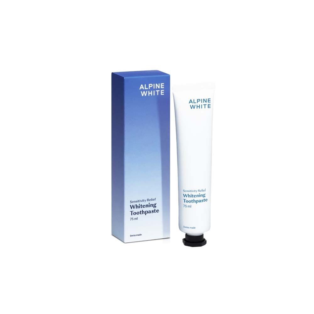 Tubo e scatola di dentifricio. Scritto: ALPINE WHITE, Whitening Toothpaste, Sensitivity Relief, 75 ml.
