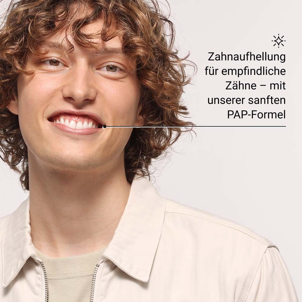 Un uomo sorride. Testo: Sbiancamento dei denti per denti sensibili - con la nostra formula PAP delicata.