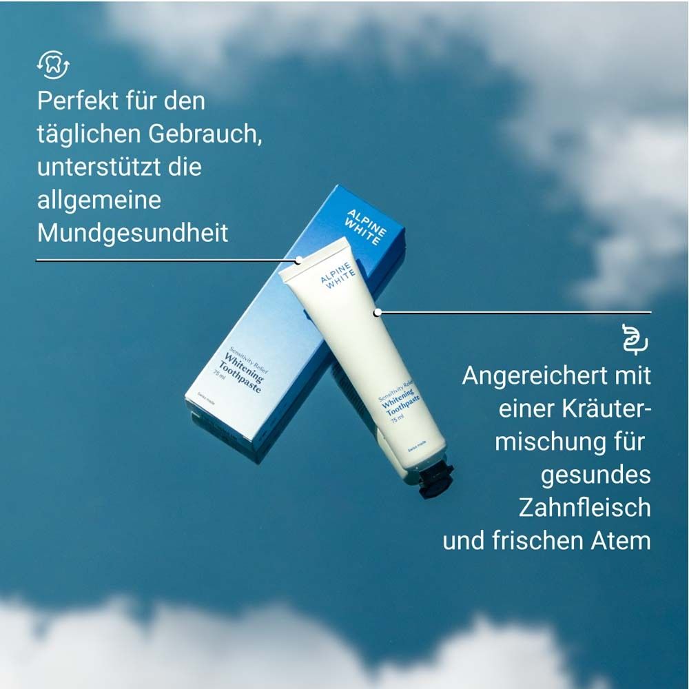 Tubo e scatola di dentifricio. Testo: ALPINE WHITE, Whitening Toothpaste, Sensitivity Relief, 75 ml.