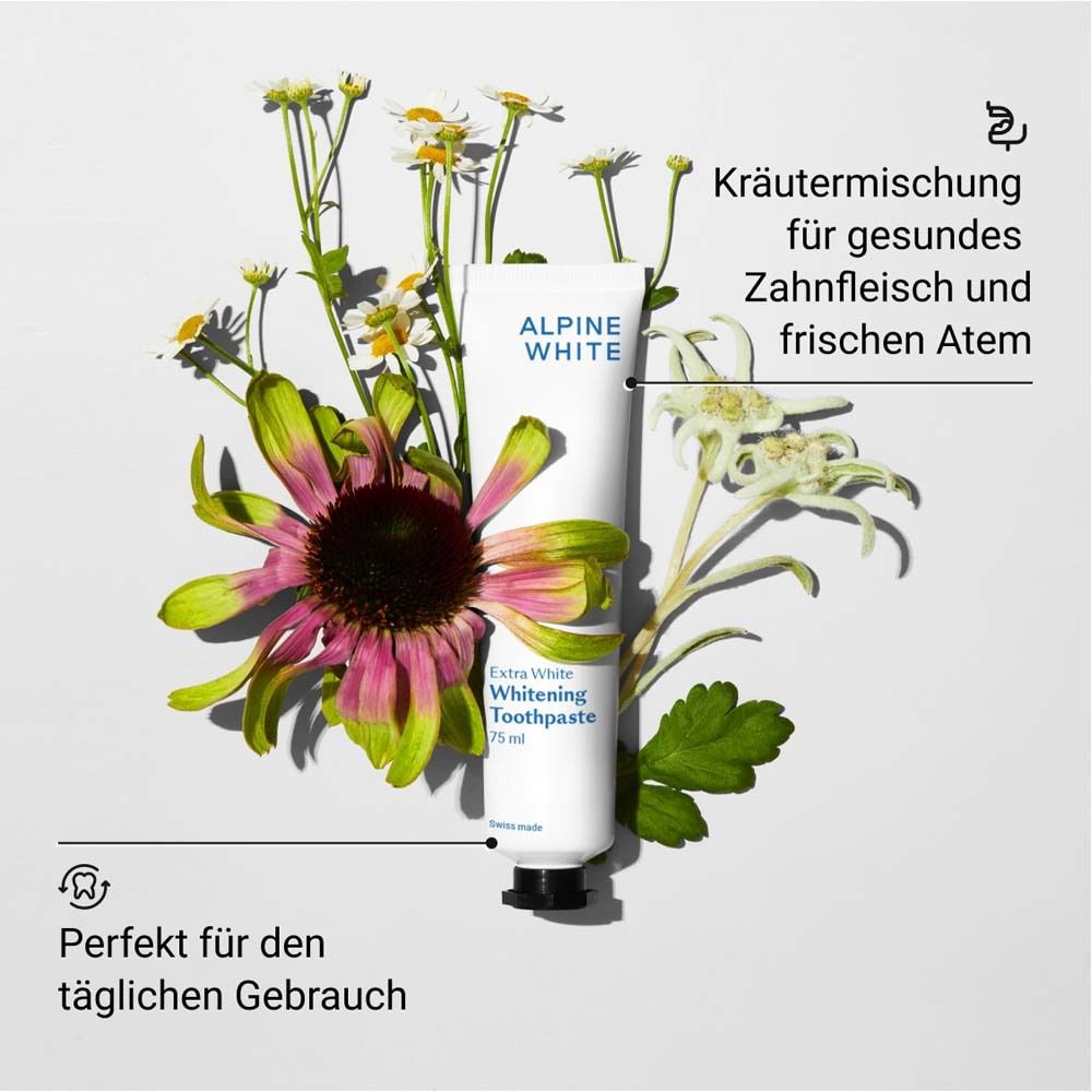 Tubo di dentifricio con fiori. Testo: Miscela di erbe per gengive sane e alito fresco.