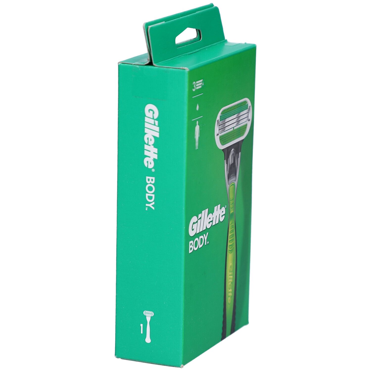 Confezione verde con rasoio. Rasoio Gillette Body con manico verde e testina argentata. 3 lame.