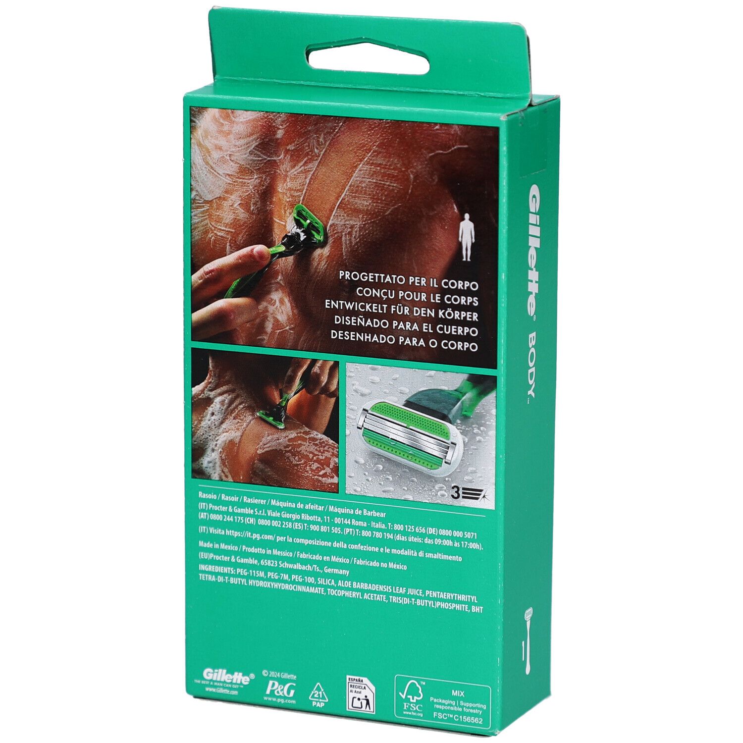 Retro della confezione verde. Applicazione del rasoio mostrata. Testo: Progettato per il corpo, Entwickelt für den Körper.