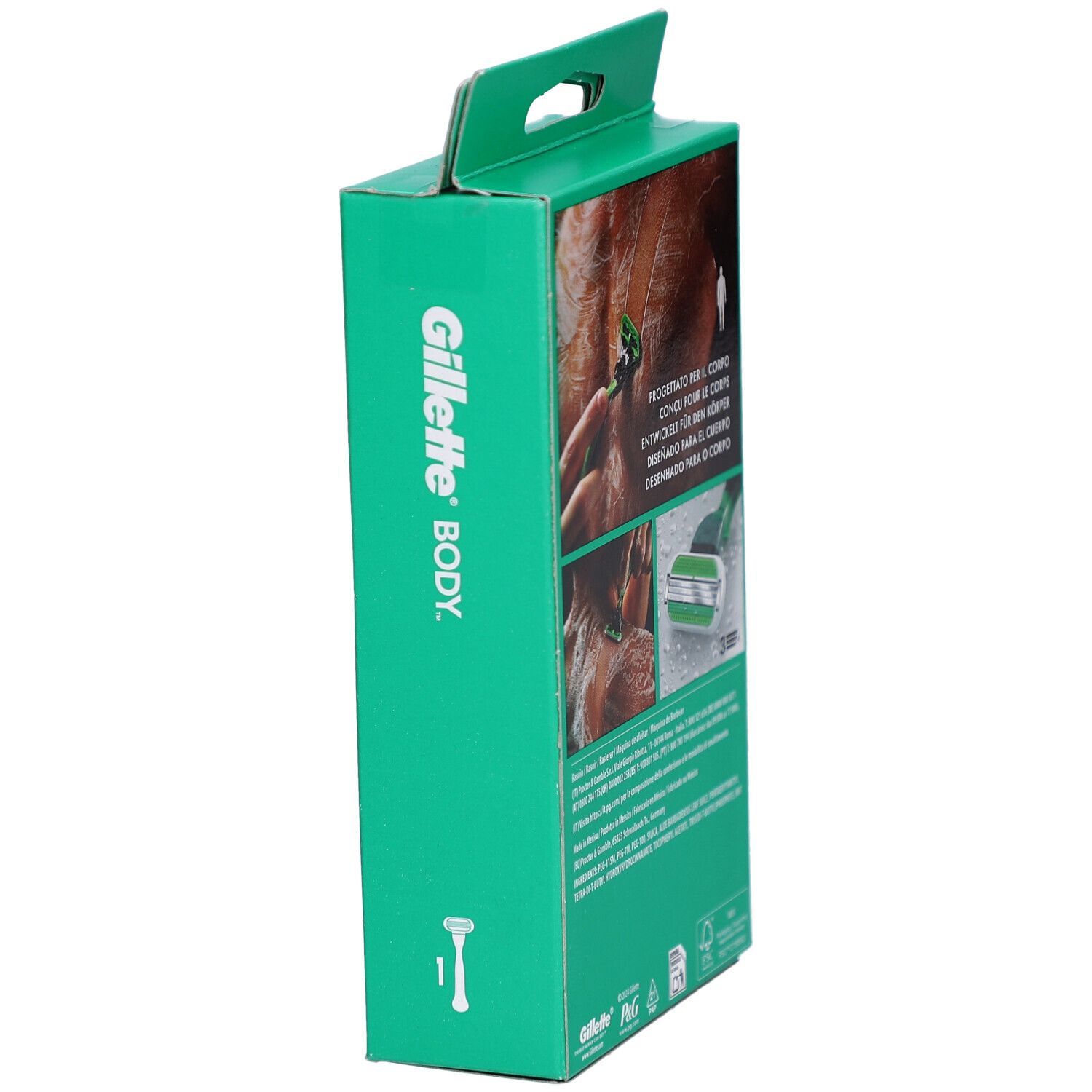 Confezione verde con applicazione del rasoio. Testo: Progettato per il corpo, Entwickelt für den Körper, Diseñado para el cuerpo.