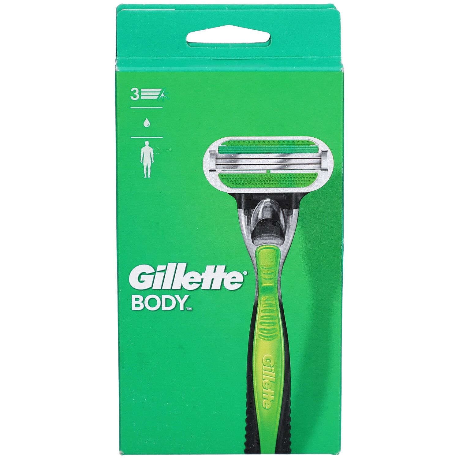 Confezione verde con rasoio. Rasoio Gillette Body con manico verde e testina argentata. 3 lame.