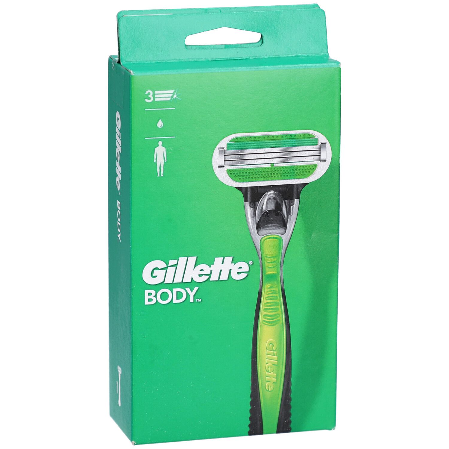 Confezione verde con rasoio. Rasoio Gillette Body con manico verde e testina argentata. 3 lame.