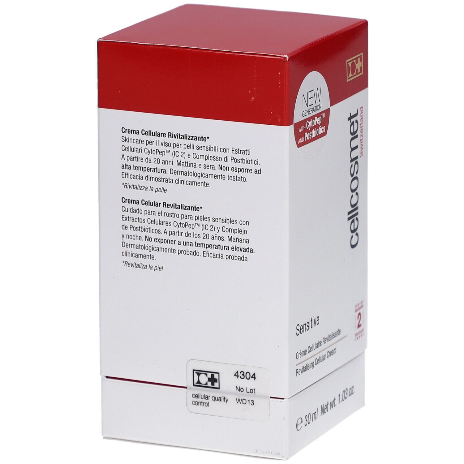 Retro della scatola bianca e rossa. Testo in più lingue. Scritto: Cellcosmet, Sensitive, Crème Cellulaire Revitalisante, Revitalising Cellular Cream.