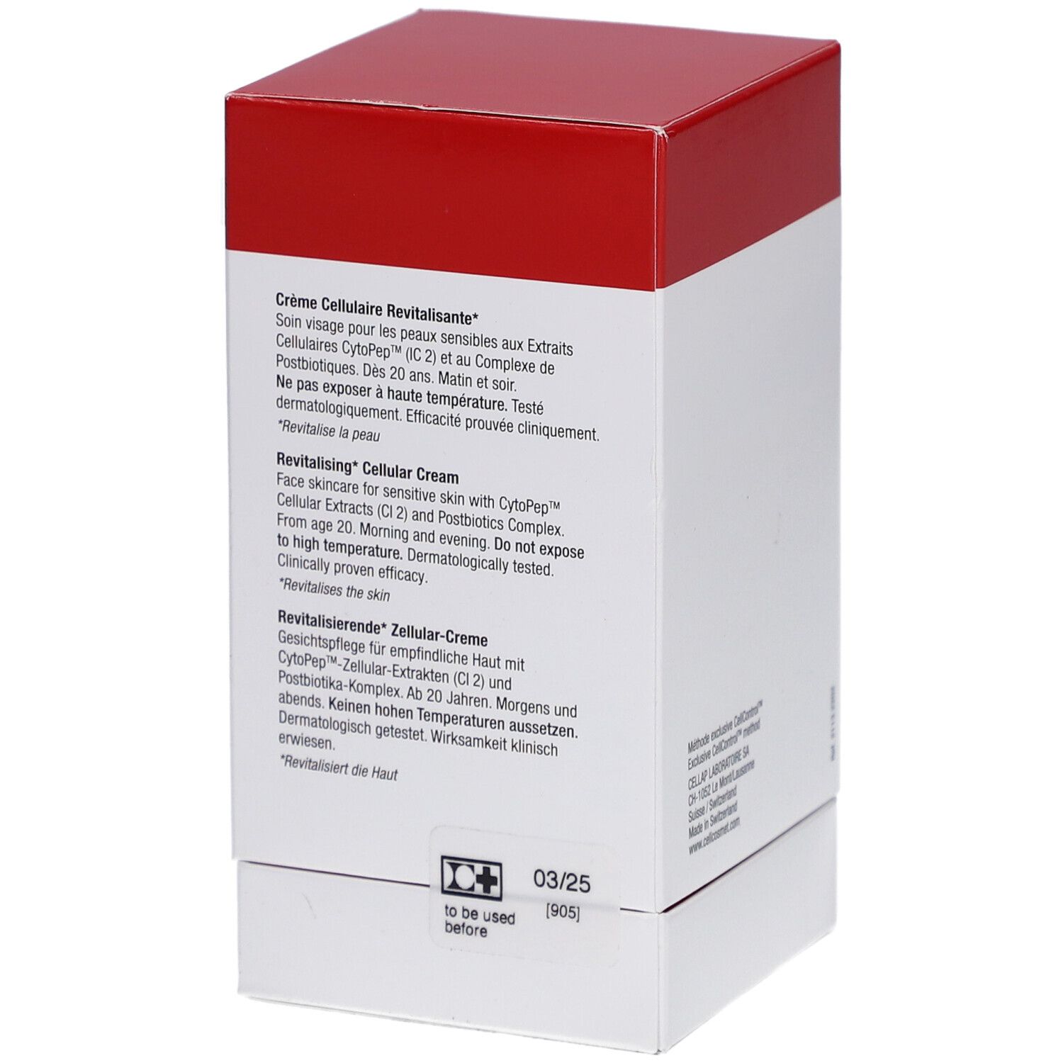 Retro della scatola bianca e rossa. Testo in più lingue. Scritto: Crème Cellulaire Revitalisante, Revitalising Cellular Cream.