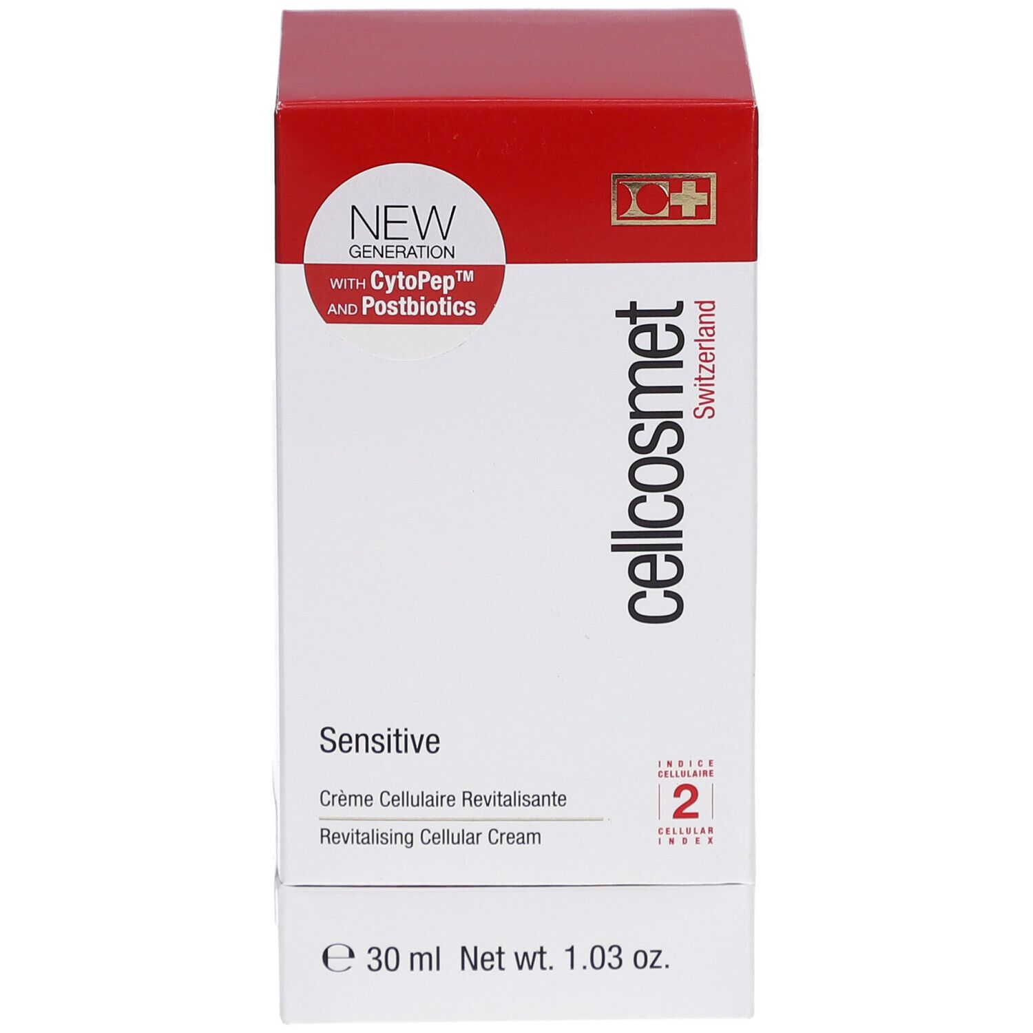 Scatola bianca e rossa. Scritto: Cellcosmet, Sensitive, Crème Cellulaire Revitalisante, Revitalising Cellular Cream. Contiene 30 ml.