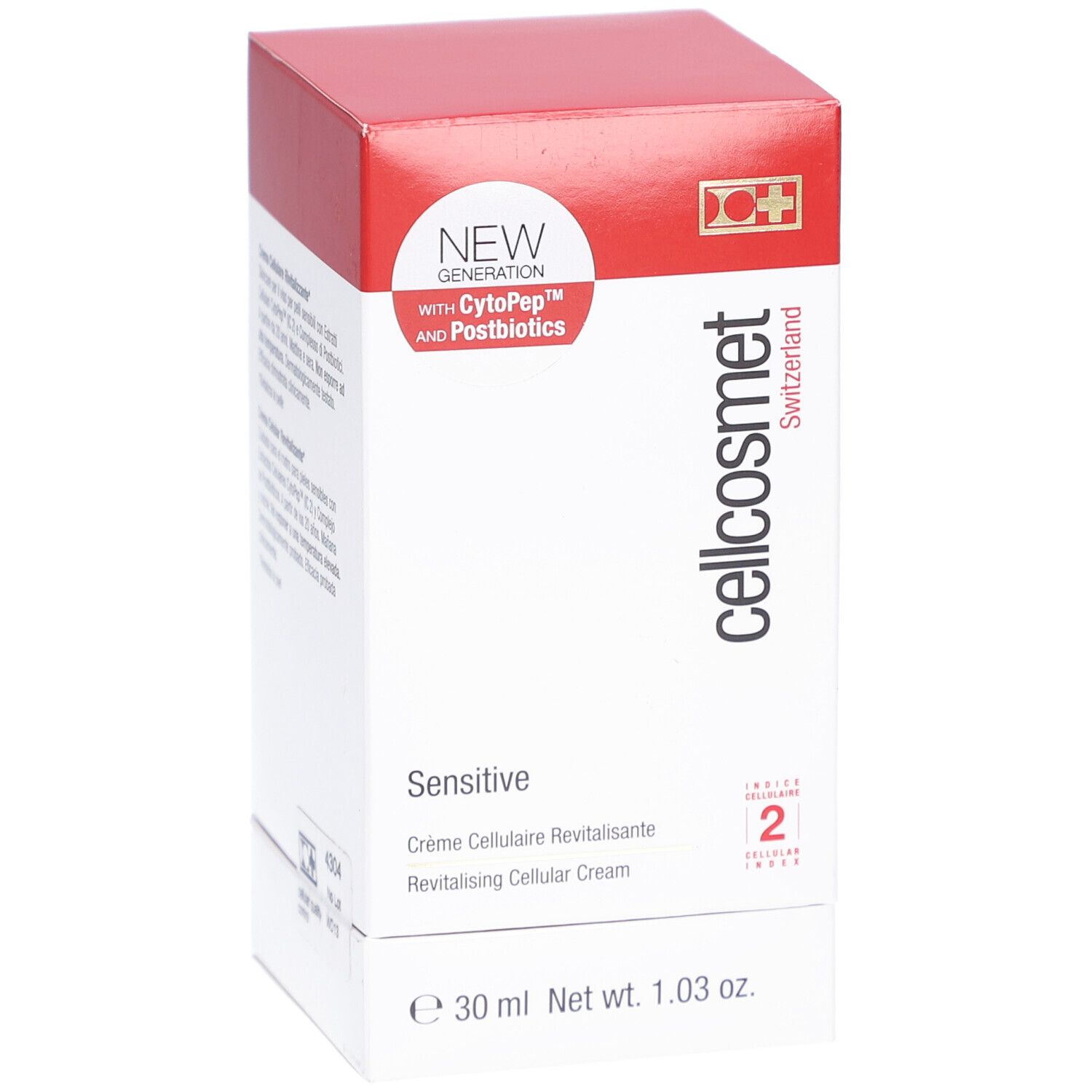 Scatola bianca e rossa. Scritto: Cellcosmet, Sensitive, Crème Cellulaire Revitalisante, Revitalising Cellular Cream. Contiene 30 ml.