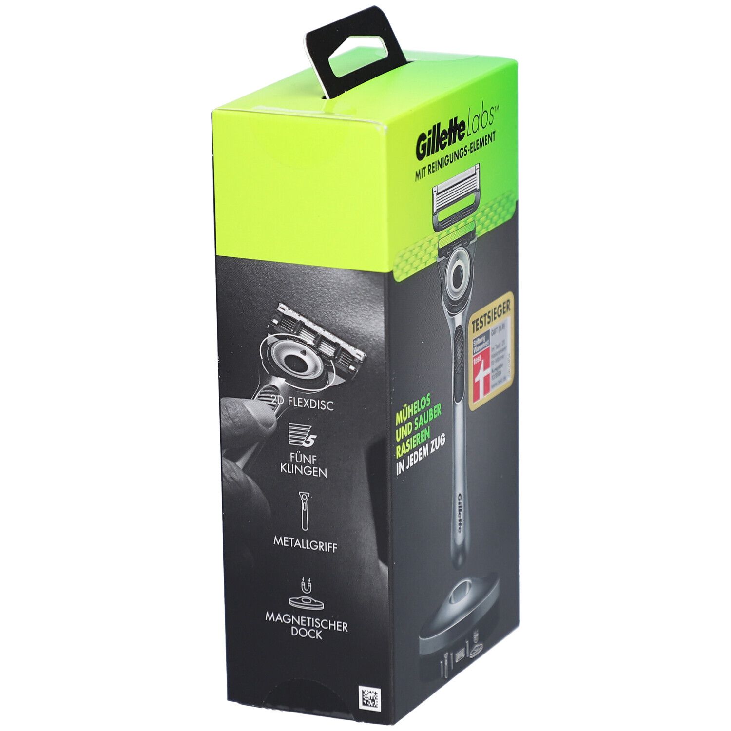 Confezione rasoio Gillette Labs. Scatola con illustrazioni e testo del rasoio. Dock magnetico, 5 lame.