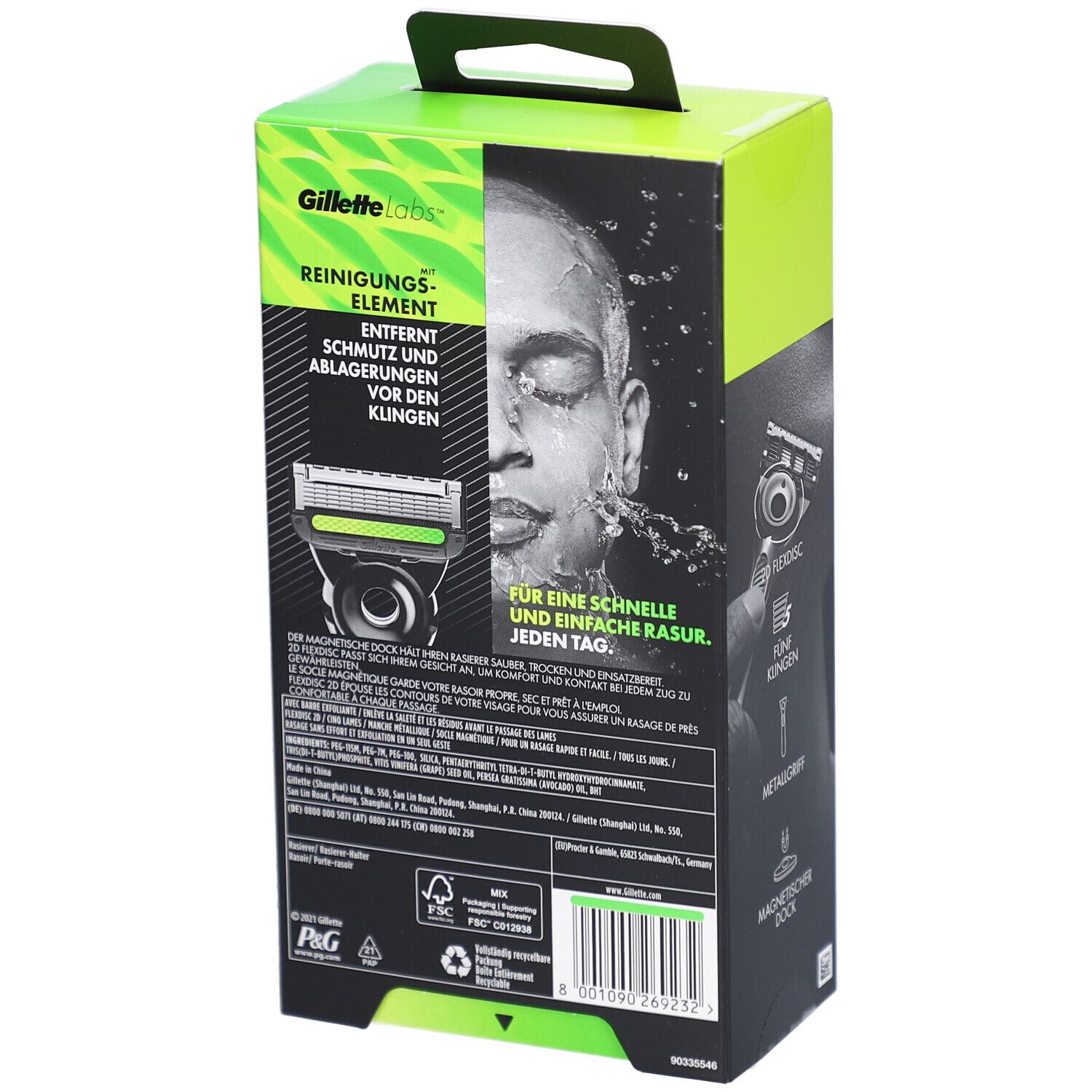 Retro della confezione Gillette Labs. Testo e illustrazioni. Elemento pulente, per una rasatura veloce.