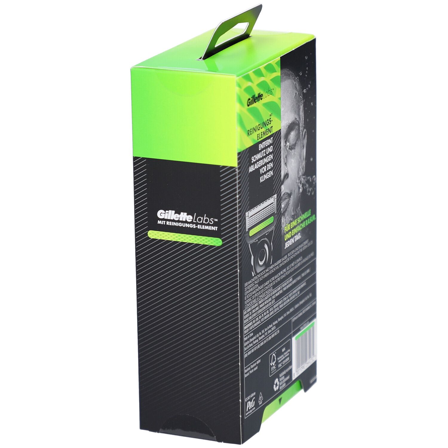 Confezione Gillette Labs, vista laterale. Scatola verde-nera con illustrazione e testo del rasoio.