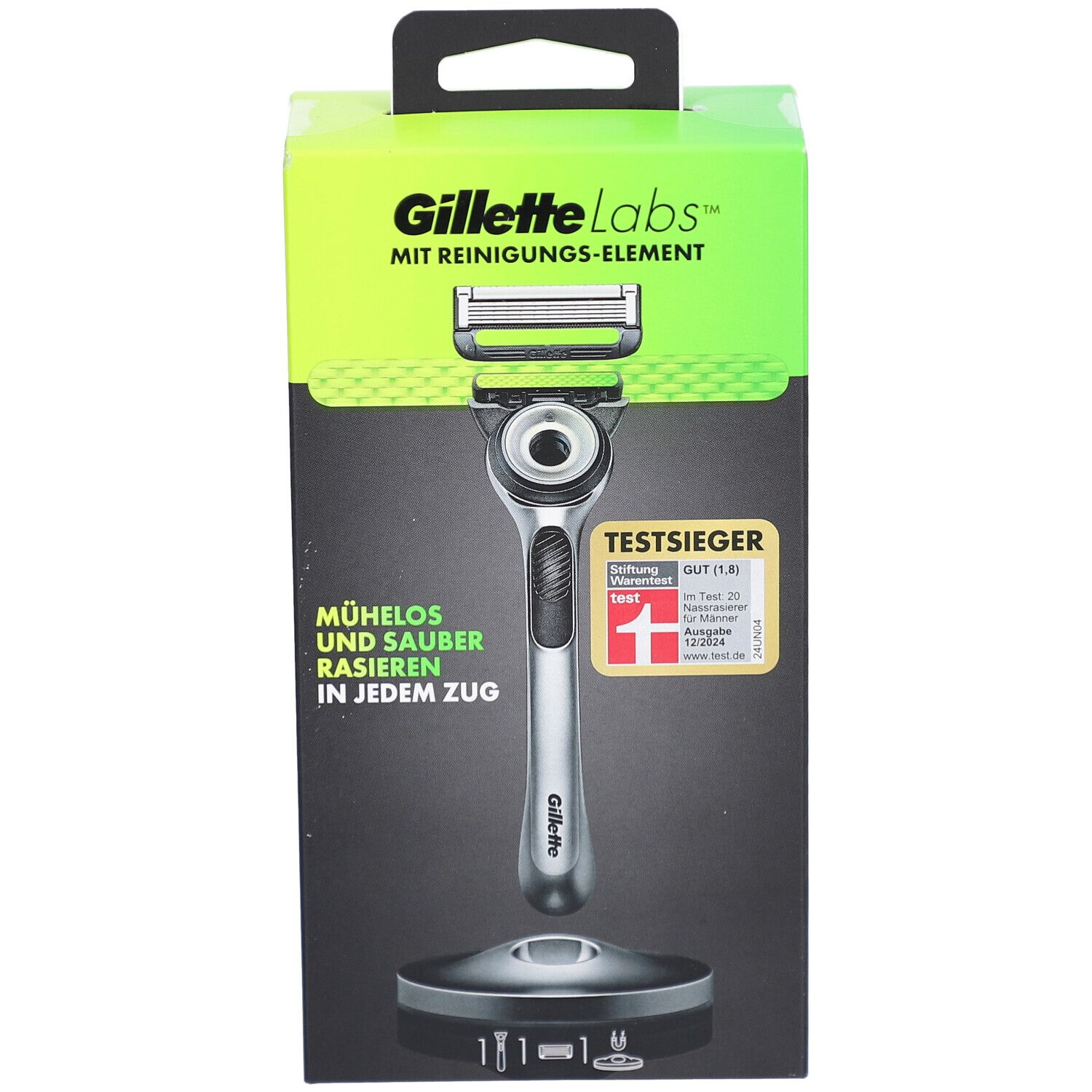 Rasatura Gillette Labs in confezione. Scatola verde-nera con rasoio, supporto e logo. Sigillo di prova.