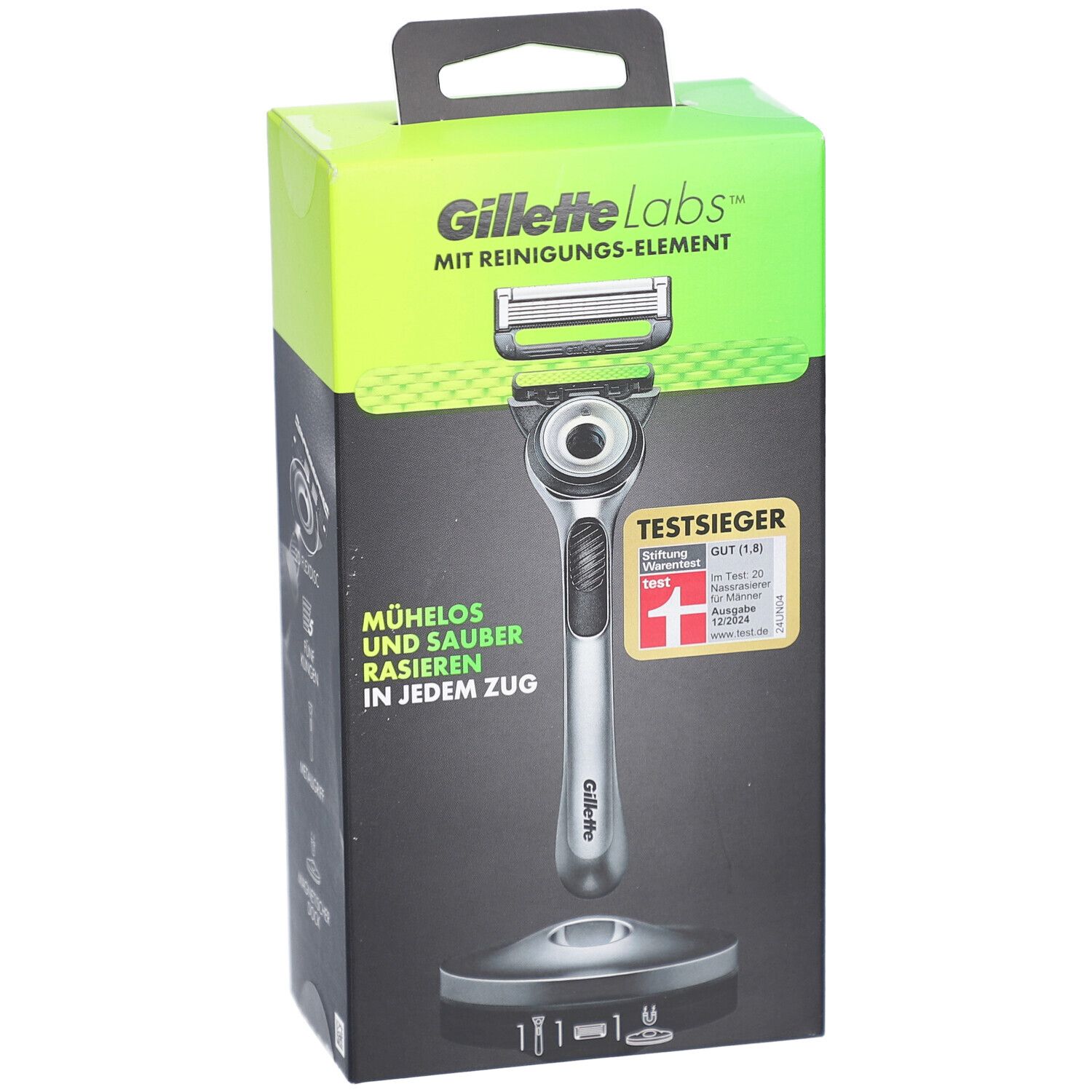 Rasatura Gillette Labs in confezione. Scatola verde-nera con rasoio, supporto e logo. Sigillo di prova.