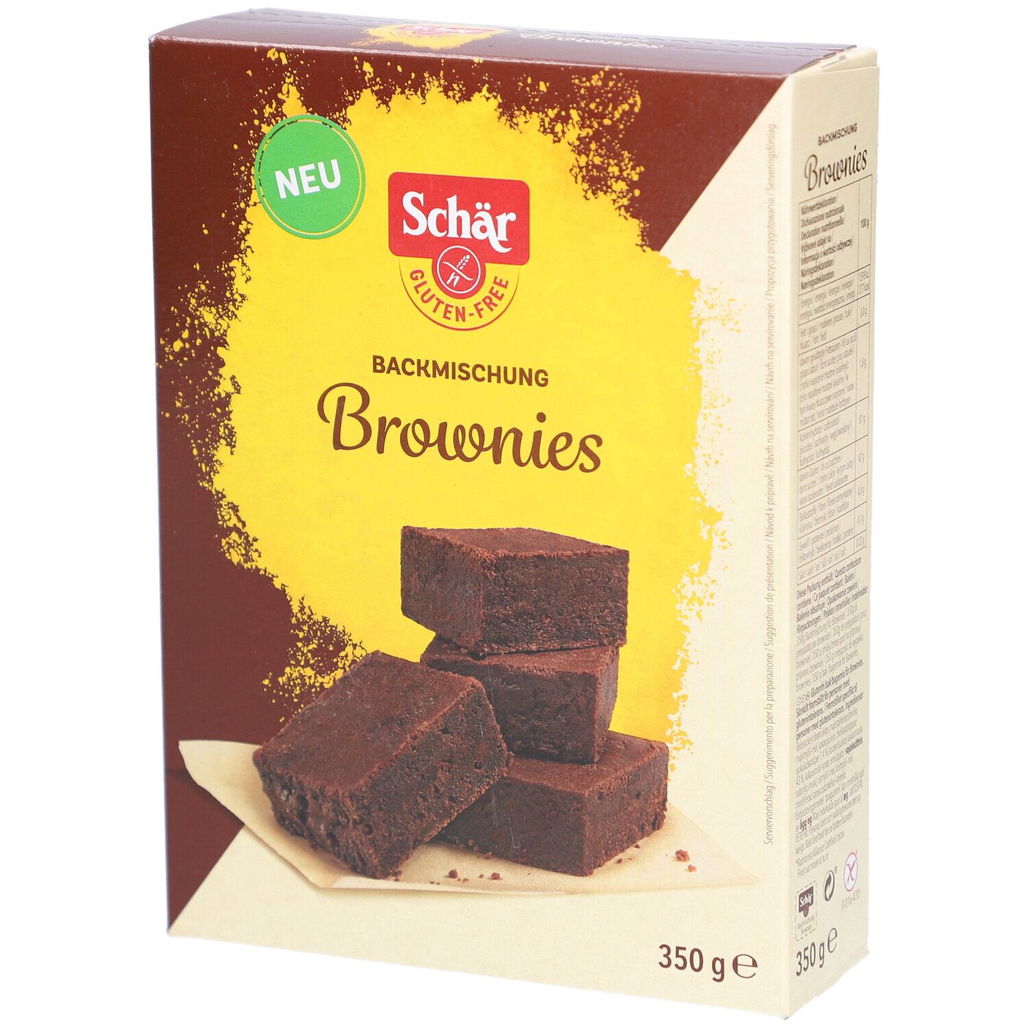 Preparato per brownies senza glutine Schär. Confezione con brownies. 350g. Scritta "NUOVO" e "senza glutine".