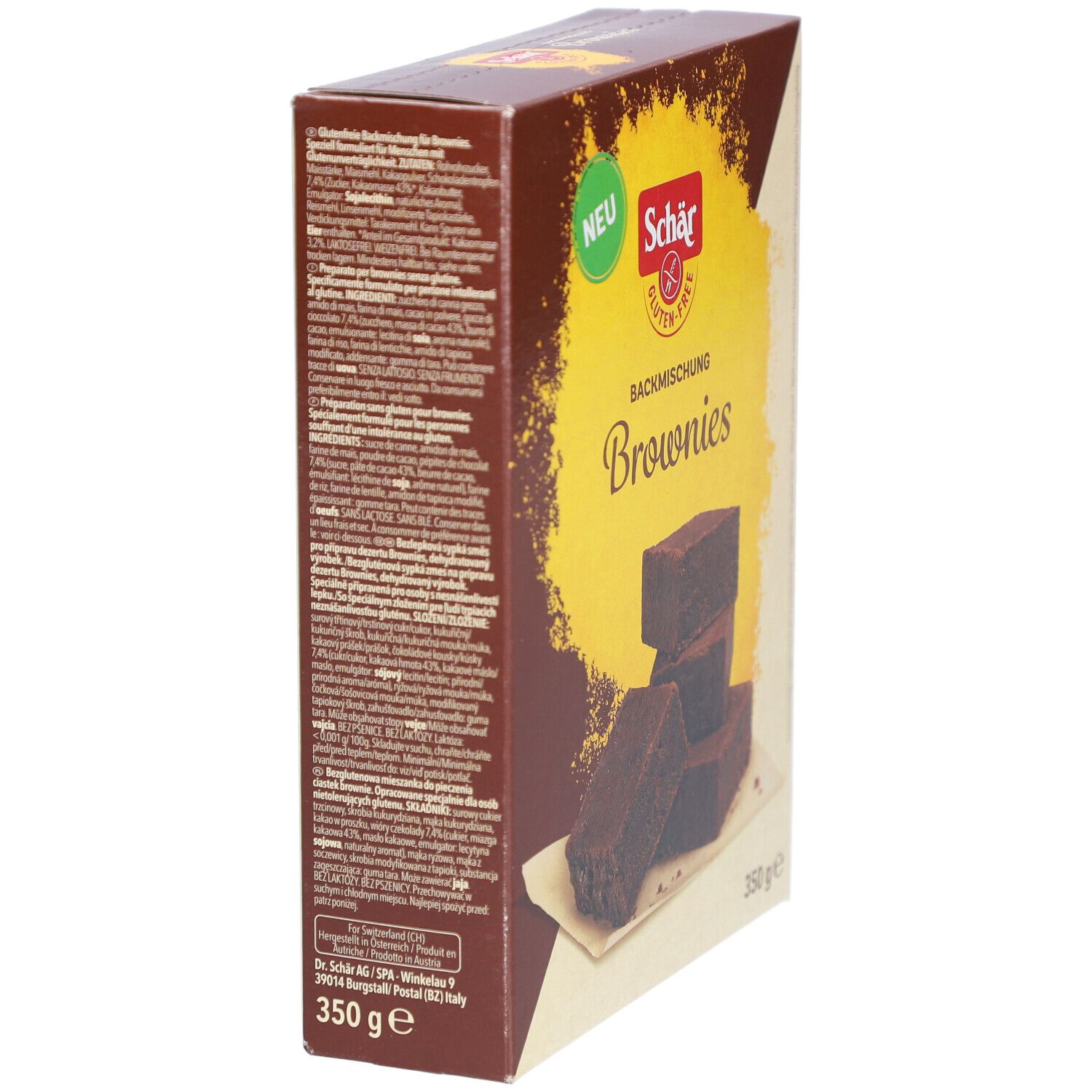 Vista obliqua del preparato per brownies Schär. Confezione con testi e informazioni nutrizionali. 350g.