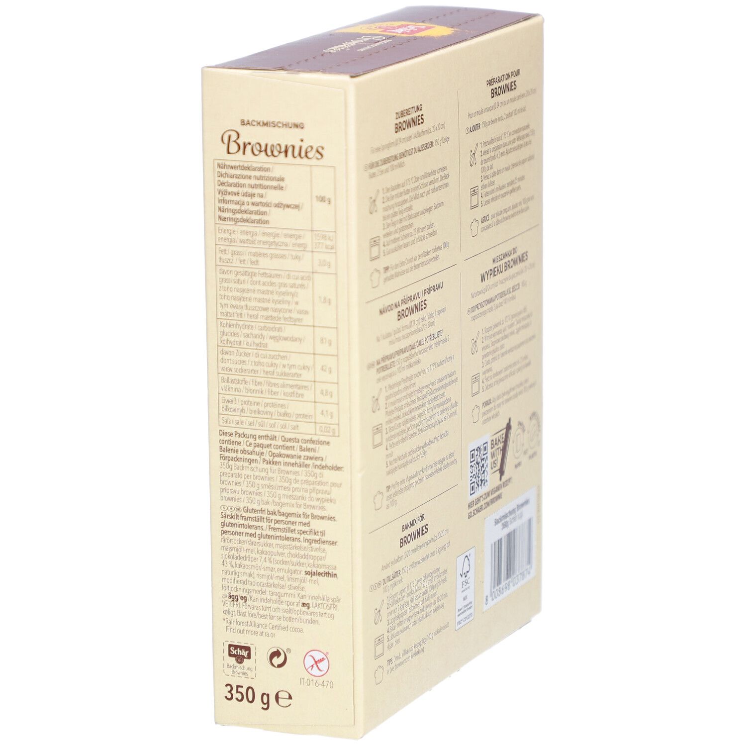 Vista laterale del preparato per brownies Schär. Informazioni nutrizionali e altre informazioni. 350g.