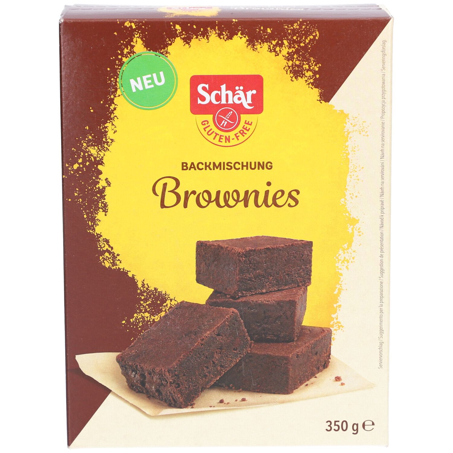 Preparato per brownies senza glutine Schär. Confezione con brownies. 350g. Scritta "NUOVO" e "senza glutine".