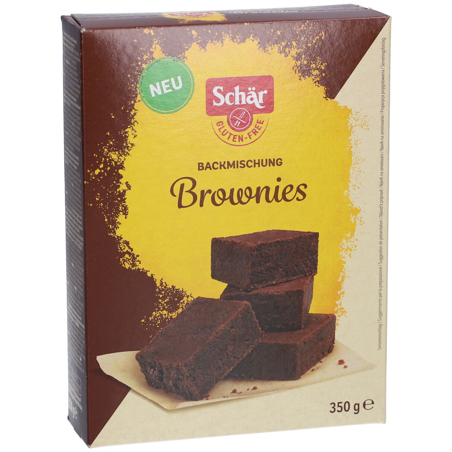 Preparato per brownies senza glutine Schär. Confezione con brownies. 350g. Scritta "NUOVO" e "senza glutine".