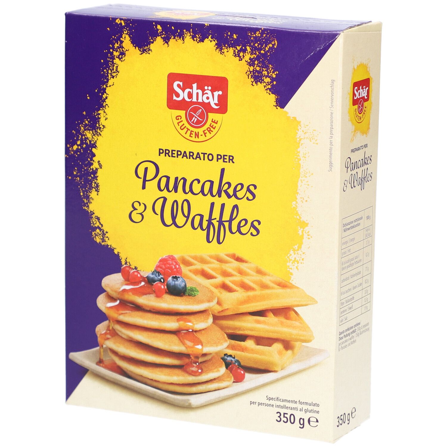 Scatola di preparato senza glutine per pancake e waffle. Immagine di pancake e waffle con frutta e sciroppo.