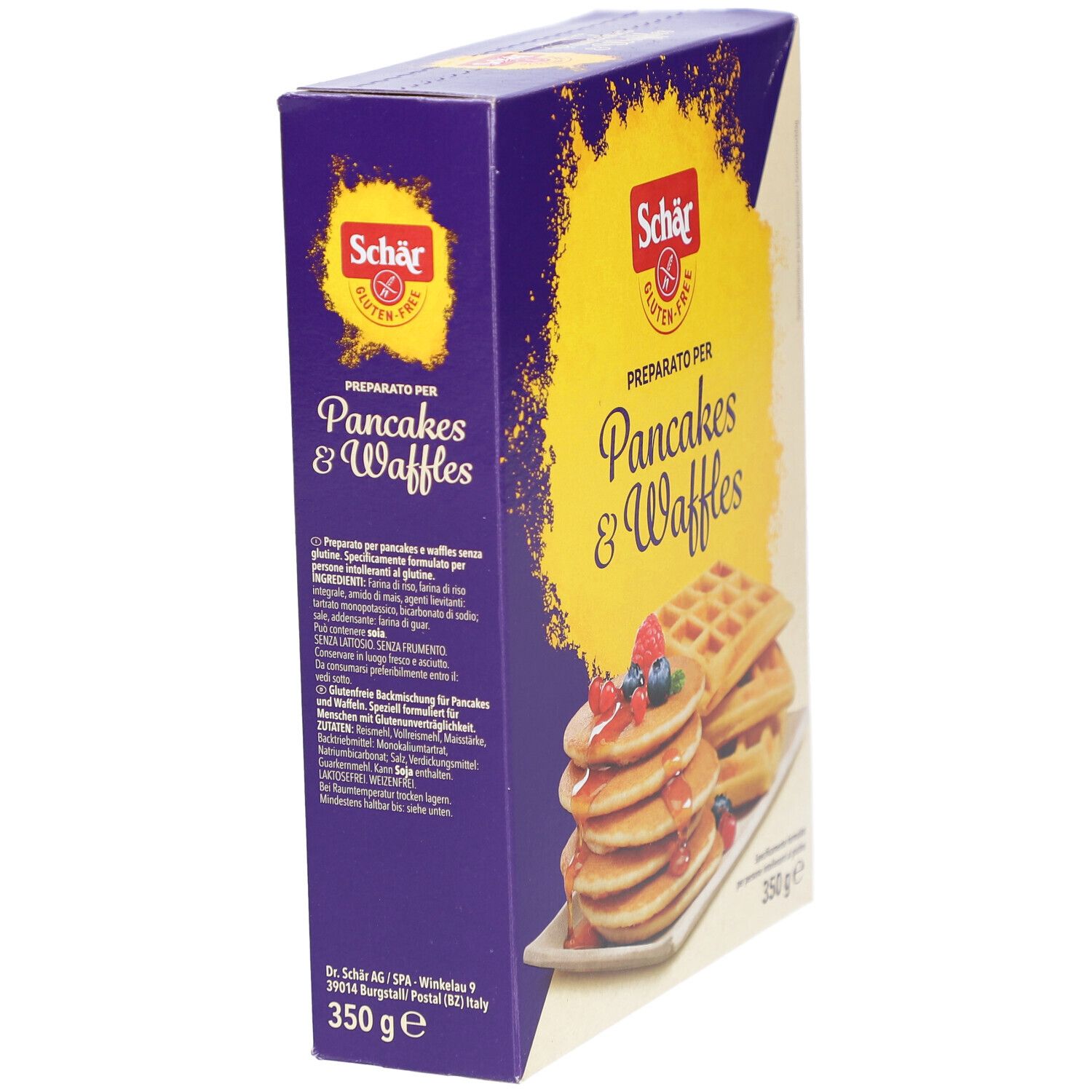 Scatola di preparato senza glutine per pancake e waffle. Vista laterale con testo e immagine di pancake e waffle.