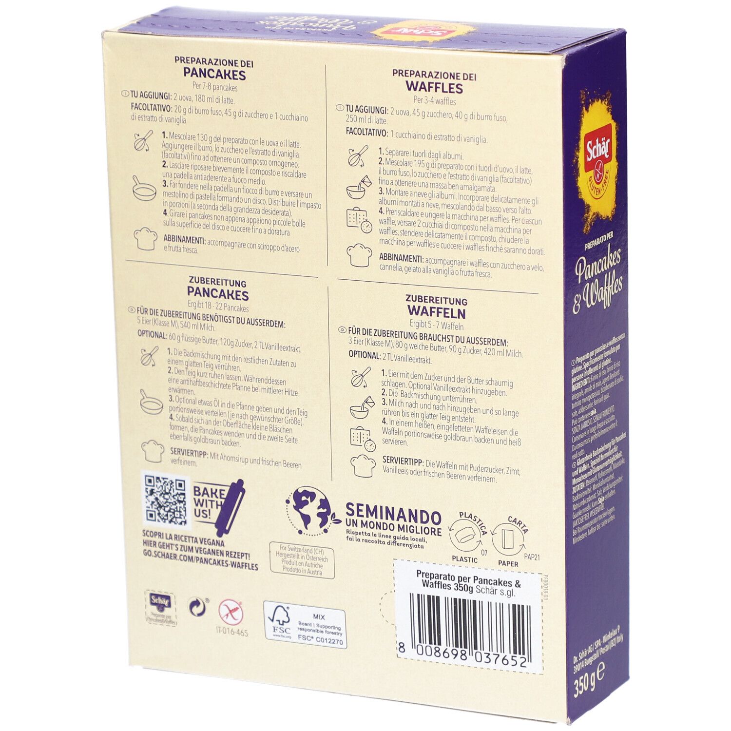 Retro della scatola di preparato senza glutine per pancake e waffle. Istruzioni e informazioni nutrizionali.