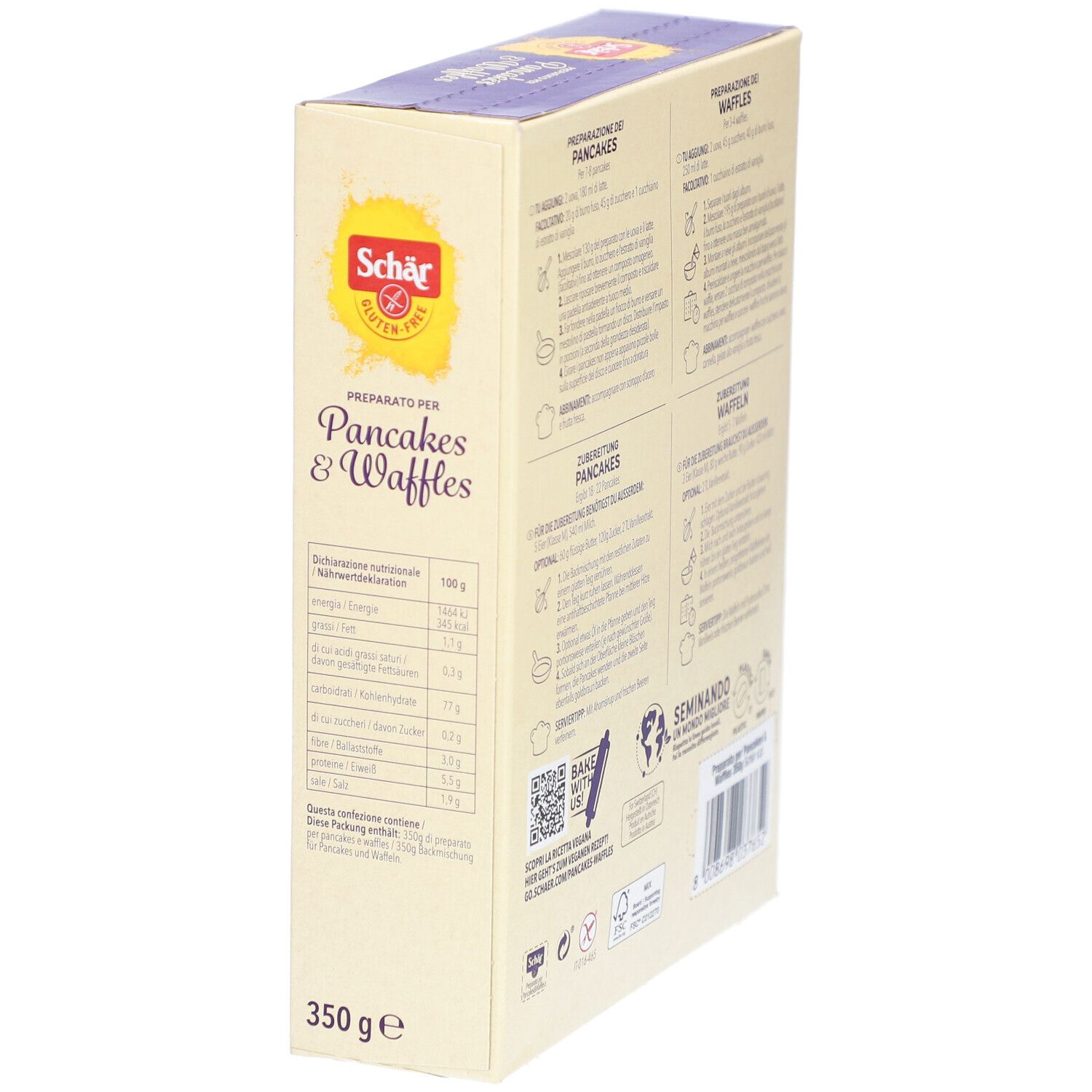 Scatola di preparato senza glutine per pancake e waffle. Vista laterale con testo e informazioni nutrizionali.
