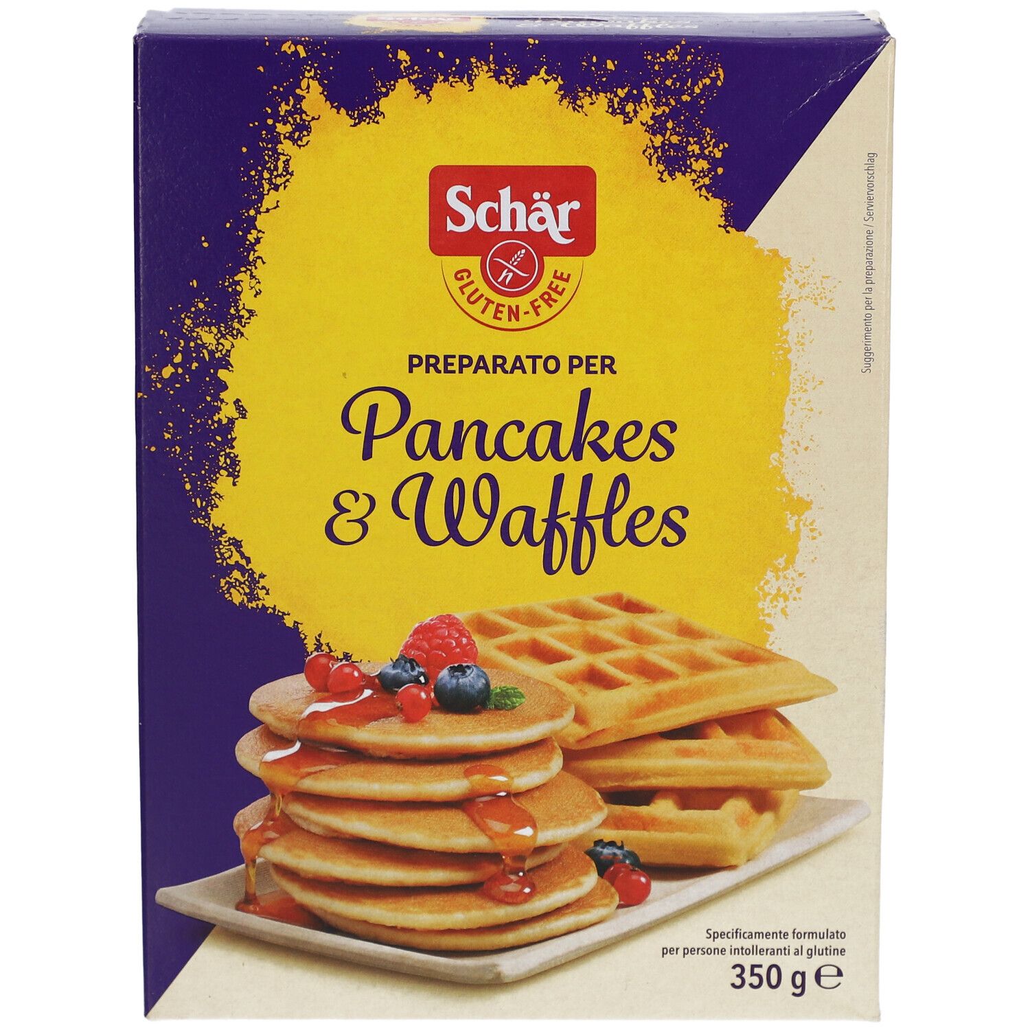 Scatola di preparato senza glutine per pancake e waffle. Immagine di pancake e waffle con frutta e sciroppo.