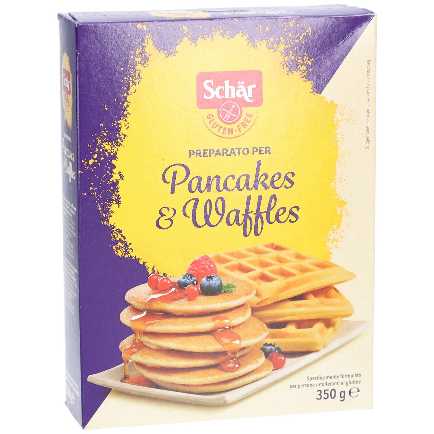 Scatola di preparato senza glutine per pancake e waffle. Immagine di pancake e waffle con frutta e sciroppo.