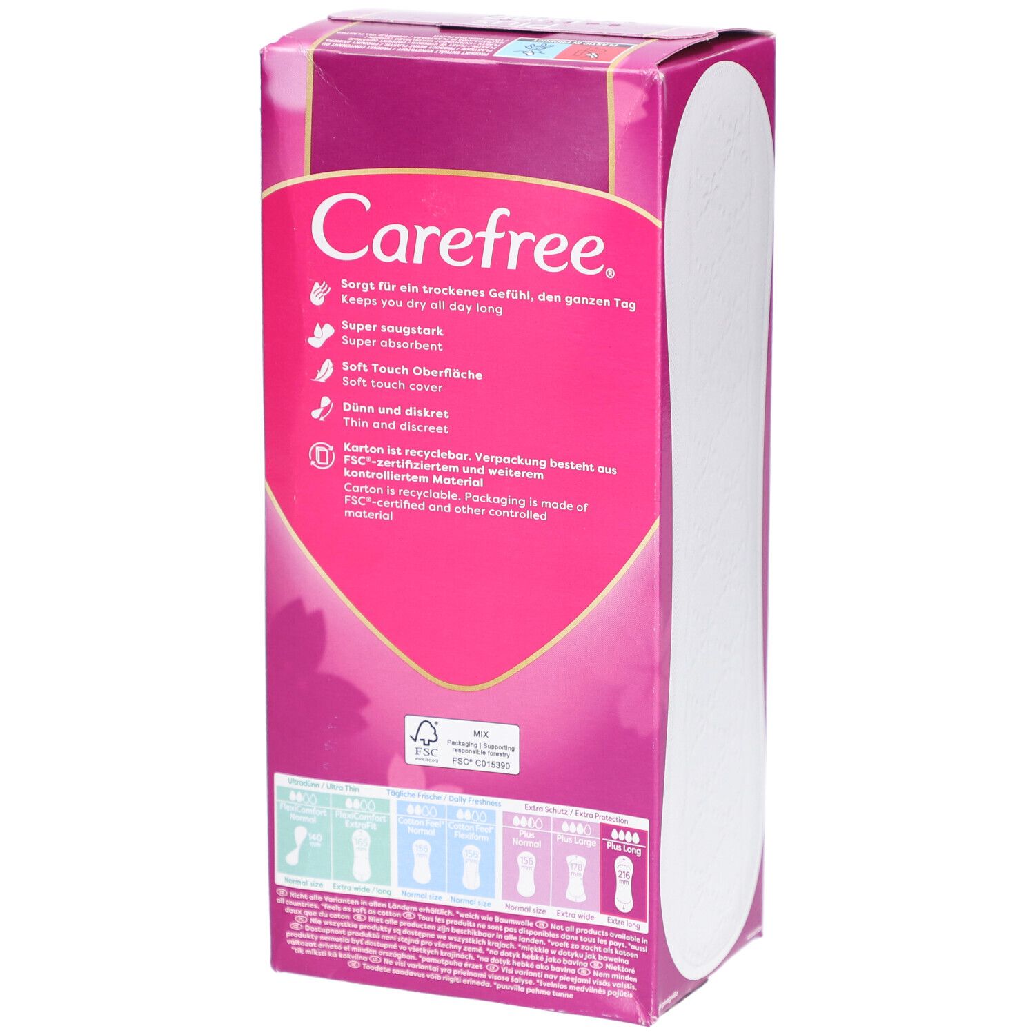 Retro della confezione Carefree Plus Long. Contiene informazioni sul prodotto e certificazione FSC. Sfondo rosa.