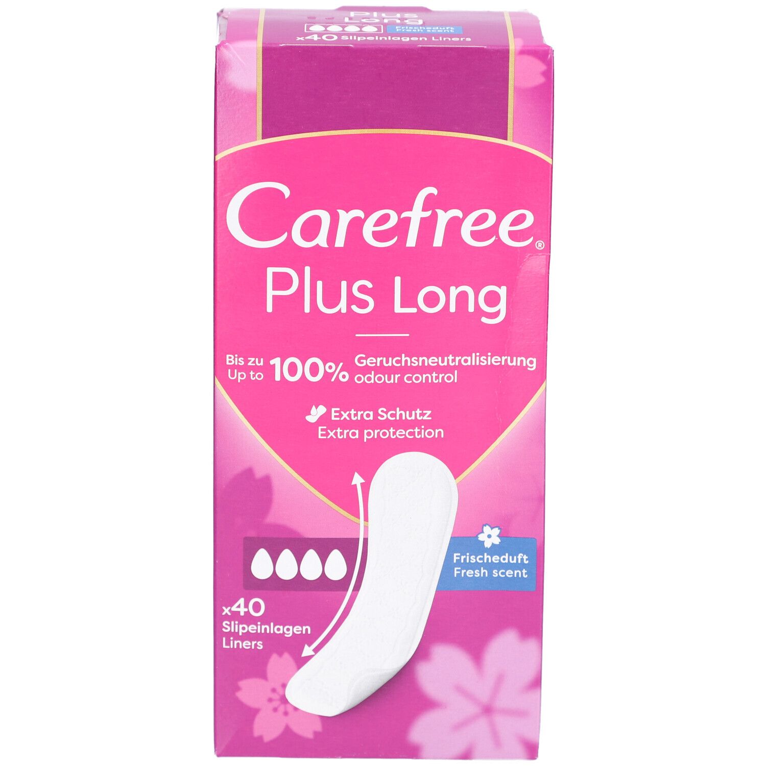 Confezione Carefree Plus Long. Confezione rosa con immagine e testo. Contiene 40 salvaslip.