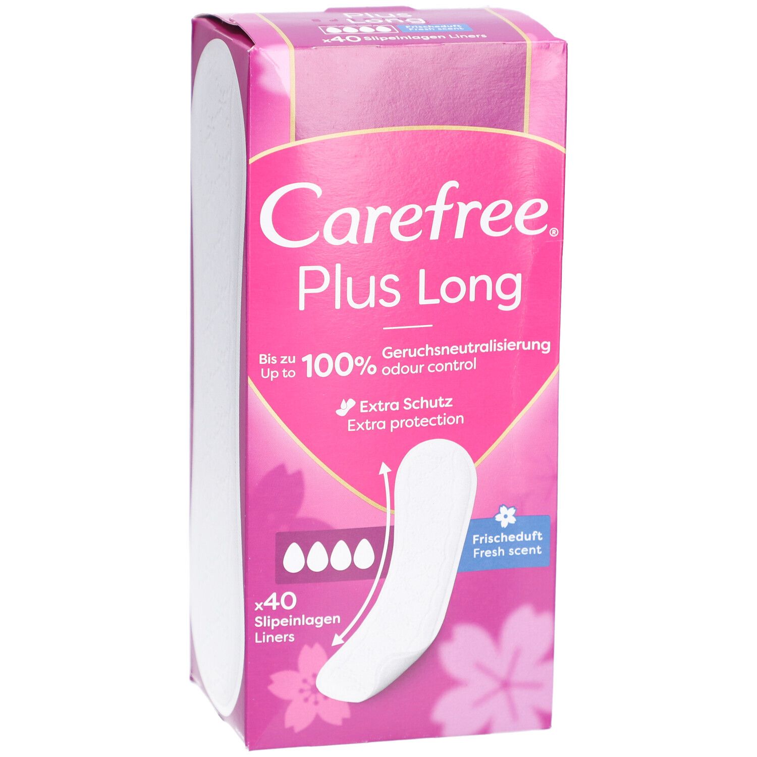 Confezione Carefree Plus Long. Confezione rosa con immagine e testo. Contiene 40 salvaslip.