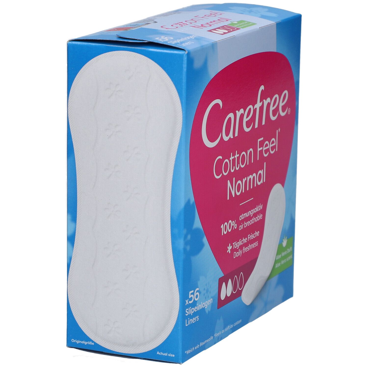 Confezione Carefree Cotton Feel Normal. 56 salvaslip. Design blu e rosa. Prodotto e salvaslip singolo visibili. Vista angolata.