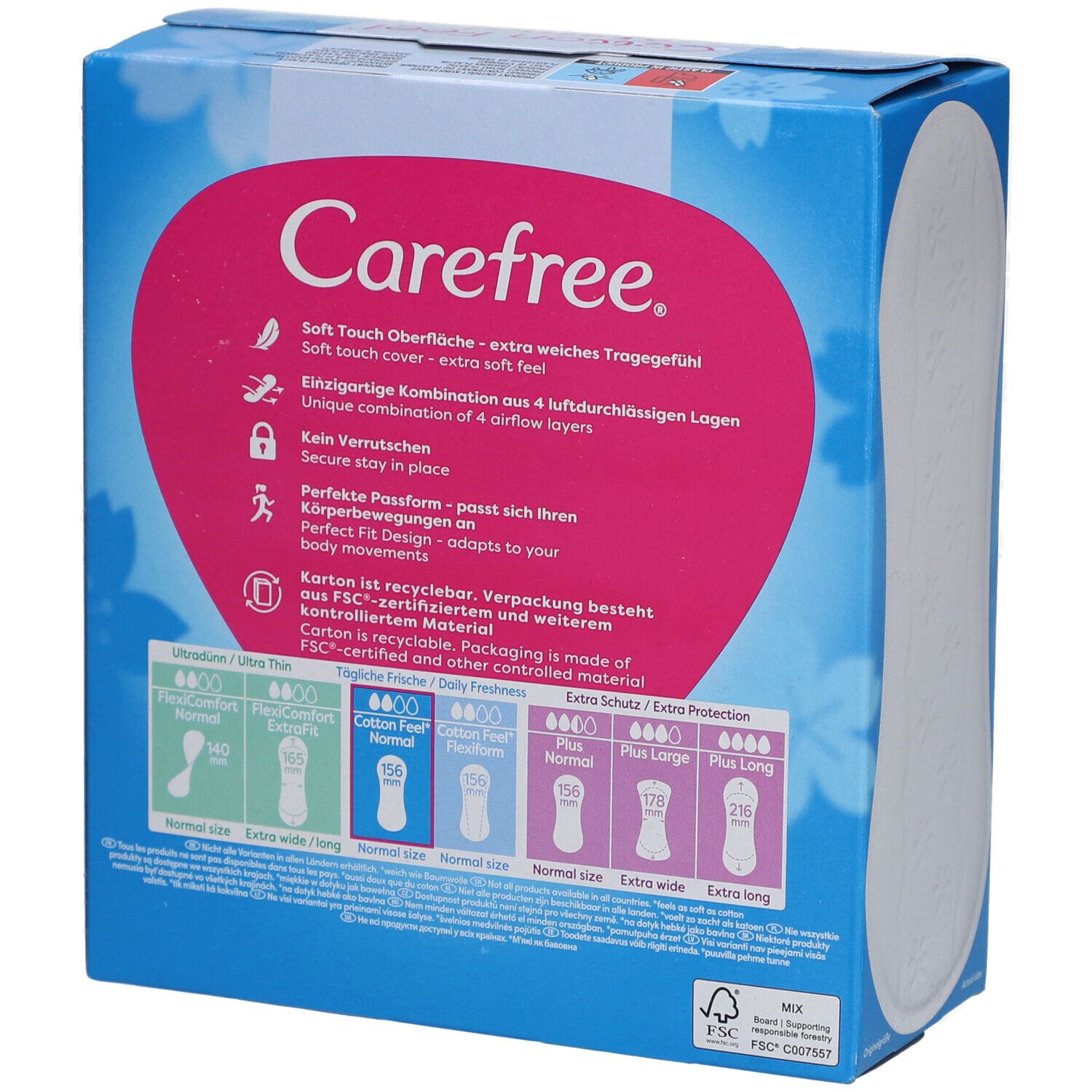 Retro della confezione Carefree Cotton Feel Normal. Informazioni sul prodotto, illustrazioni e testo. Certificazione FSC.