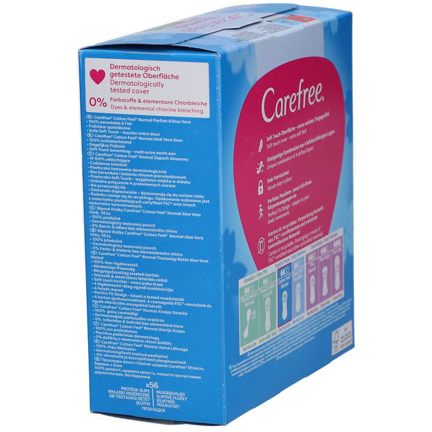 Confezione Carefree Cotton Feel Normal. Vista dettagliata. Informazioni sul prodotto, testo e illustrazioni. Dermatologicamente testato.