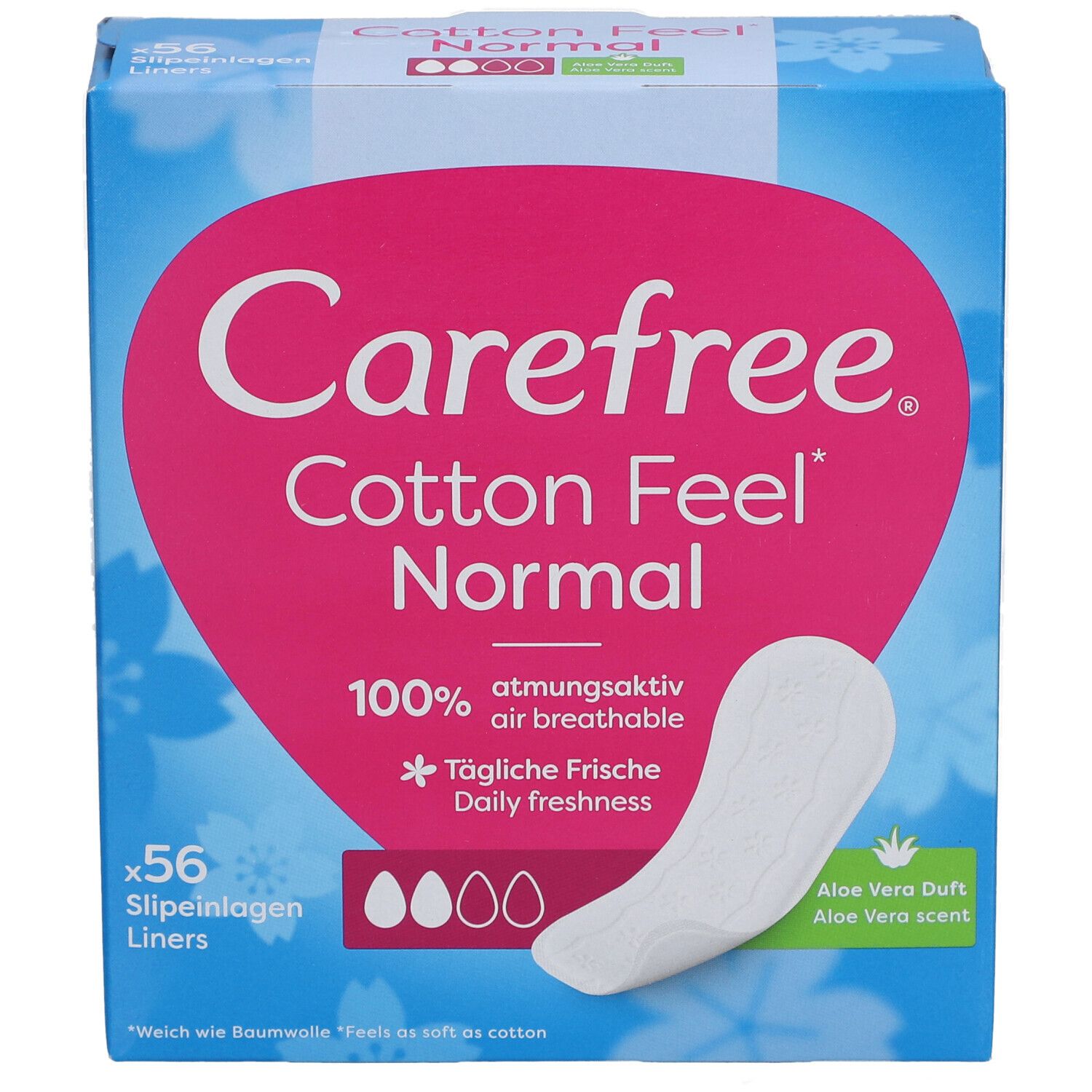 Confezione di Carefree Cotton Feel Normal. 56 pezzi. Design rosa e bianco. Prodotto e salvaslip singolo visibili.