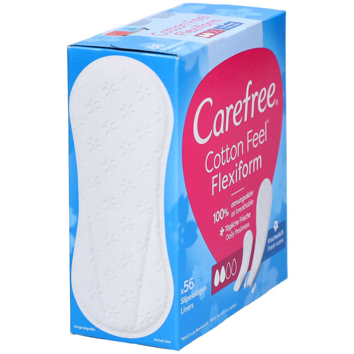Carefree Cotton Feel Flexiform. Confezione da 56 salvaslip. 100% traspirante. Profumo fresco.