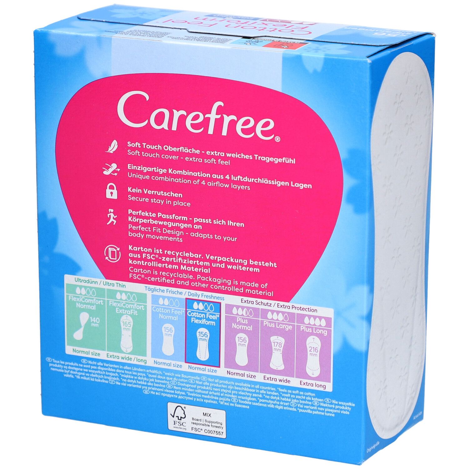 Retro della confezione Carefree Cotton Feel Flexiform. Informazioni su caratteristiche e taglie.