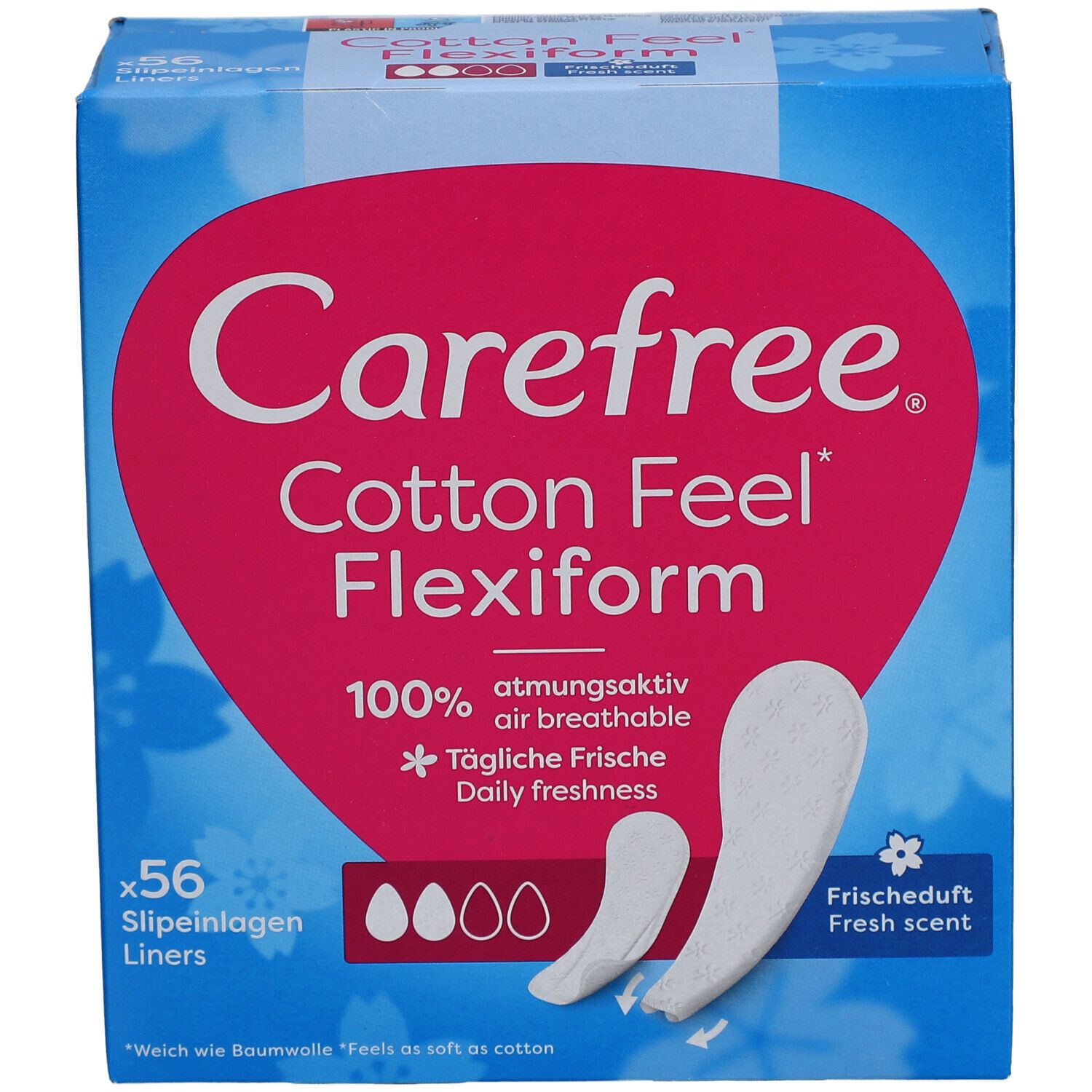 Carefree Cotton Feel Flexiform. Confezione da 56 salvaslip. Profumo fresco. 100% traspirante.