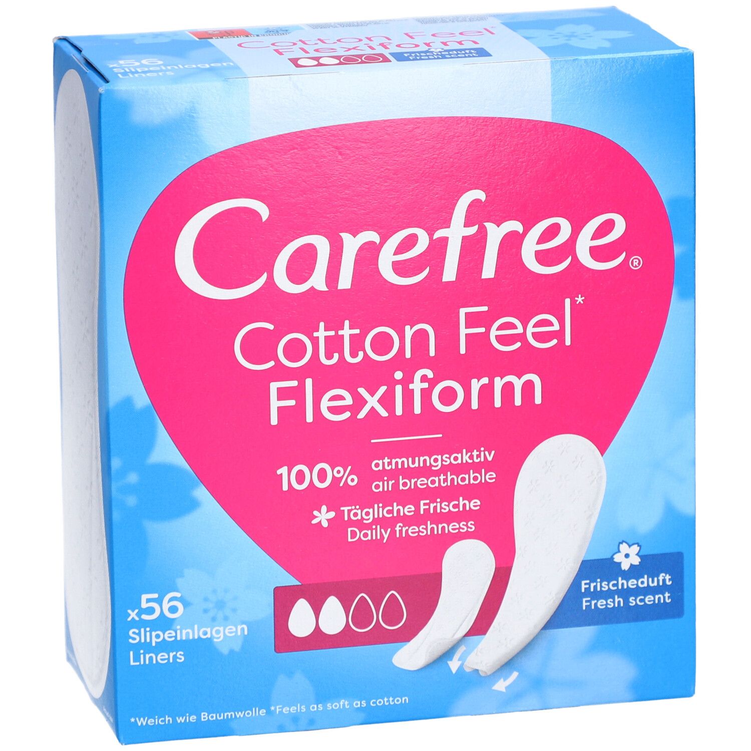 Carefree Cotton Feel Flexiform. Confezione da 56 salvaslip. 100% traspirante. Profumo fresco.