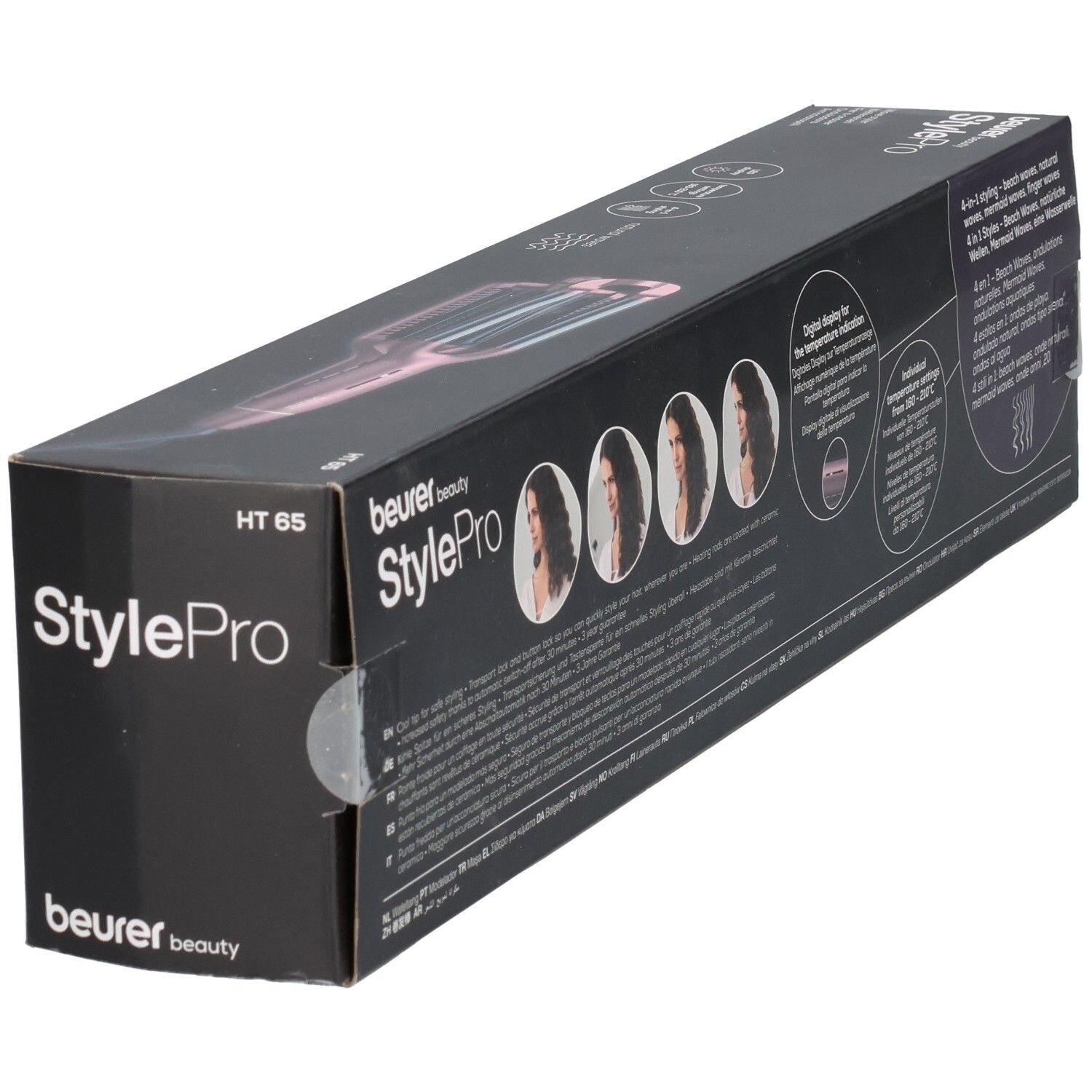 Confezione dell'arricciacapelli Beurer StylePro HT 65. Illustrazioni di acconciature. Scritte: StylePro, HT 65, temperatura digitale.