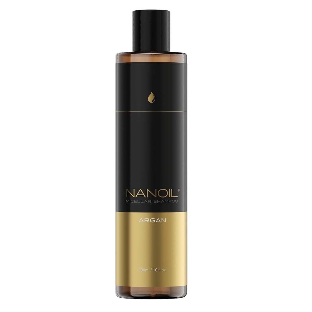 NANOIL Shampoo Micellare Argan. Flacone nero e oro. Vista del prodotto.