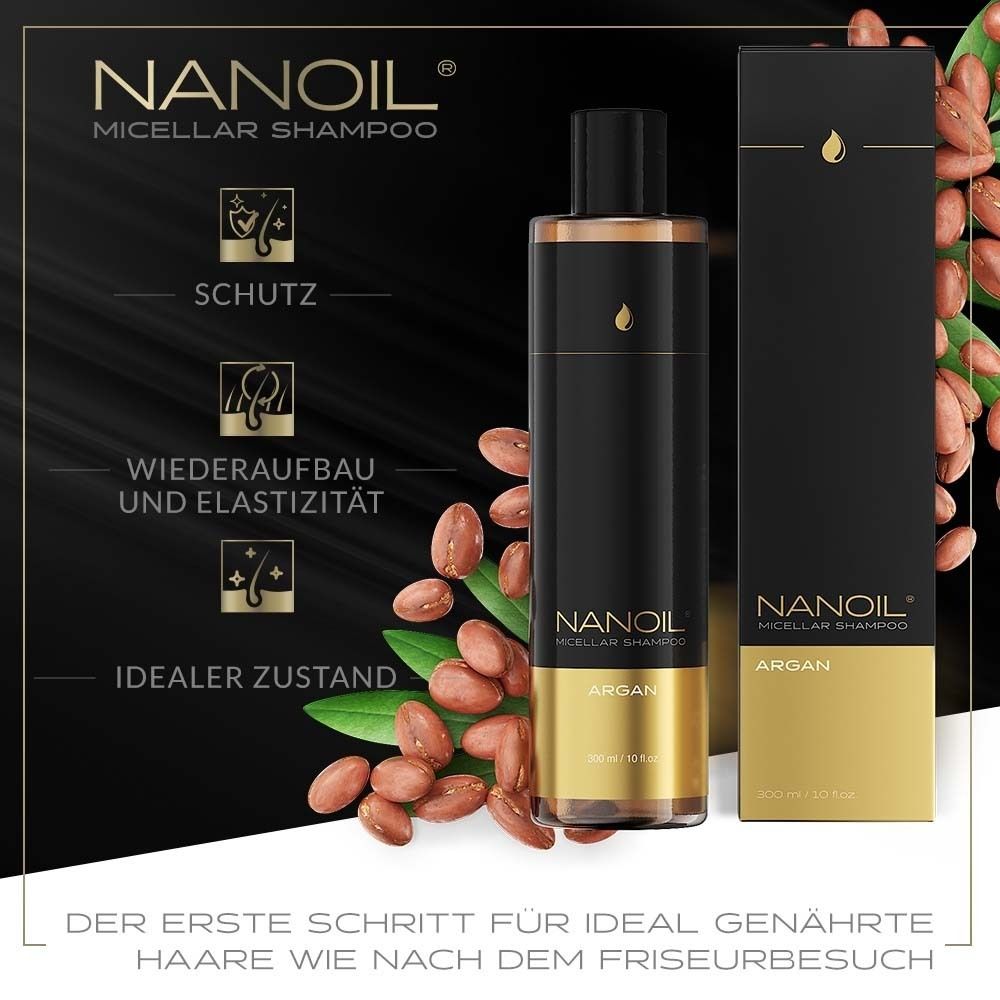 NANOIL Shampoo Micellare Argan. Prodotto con confezione e noci di argan sullo sfondo.