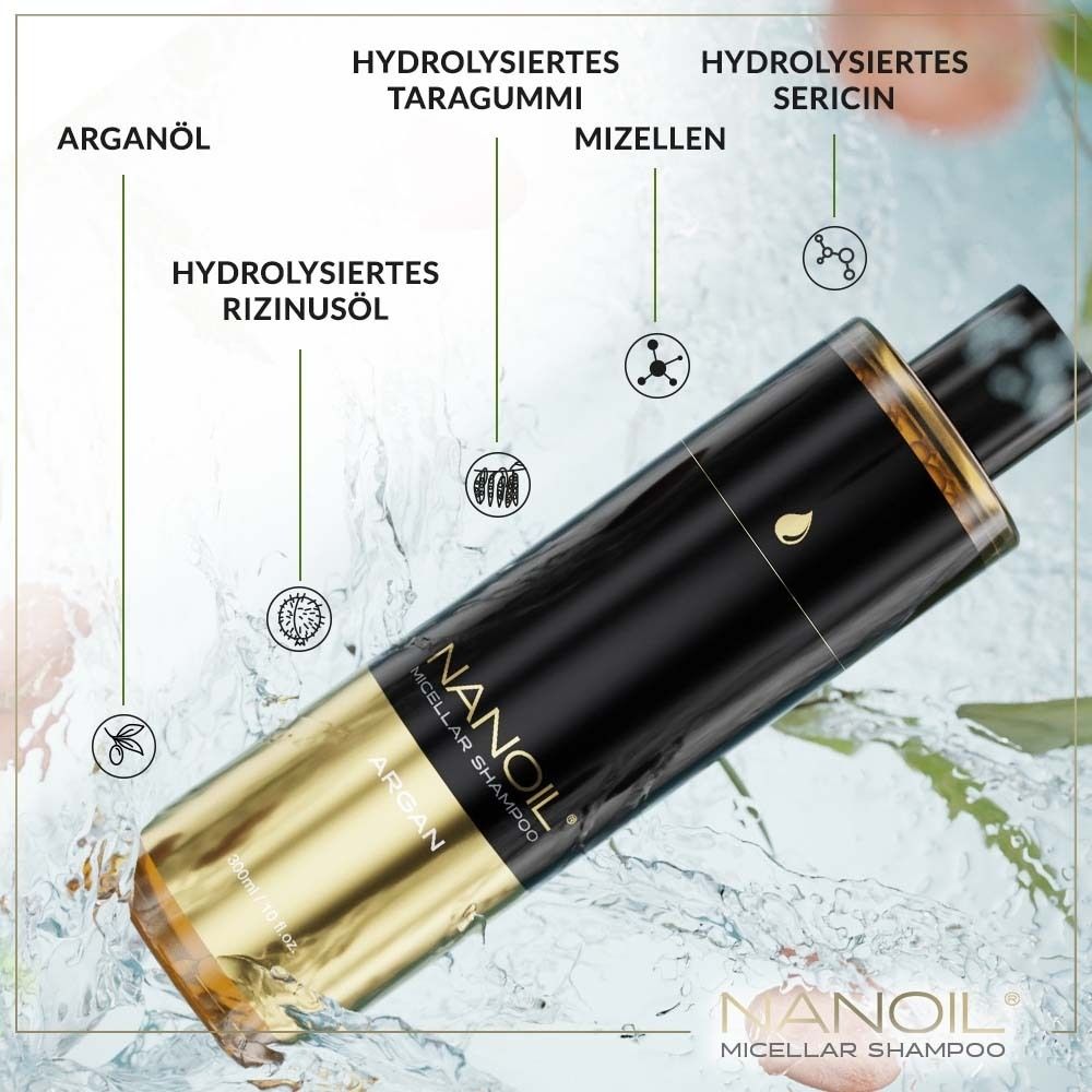 NANOIL Shampoo Micellare Argan. Prodotto con indicazioni degli ingredienti.