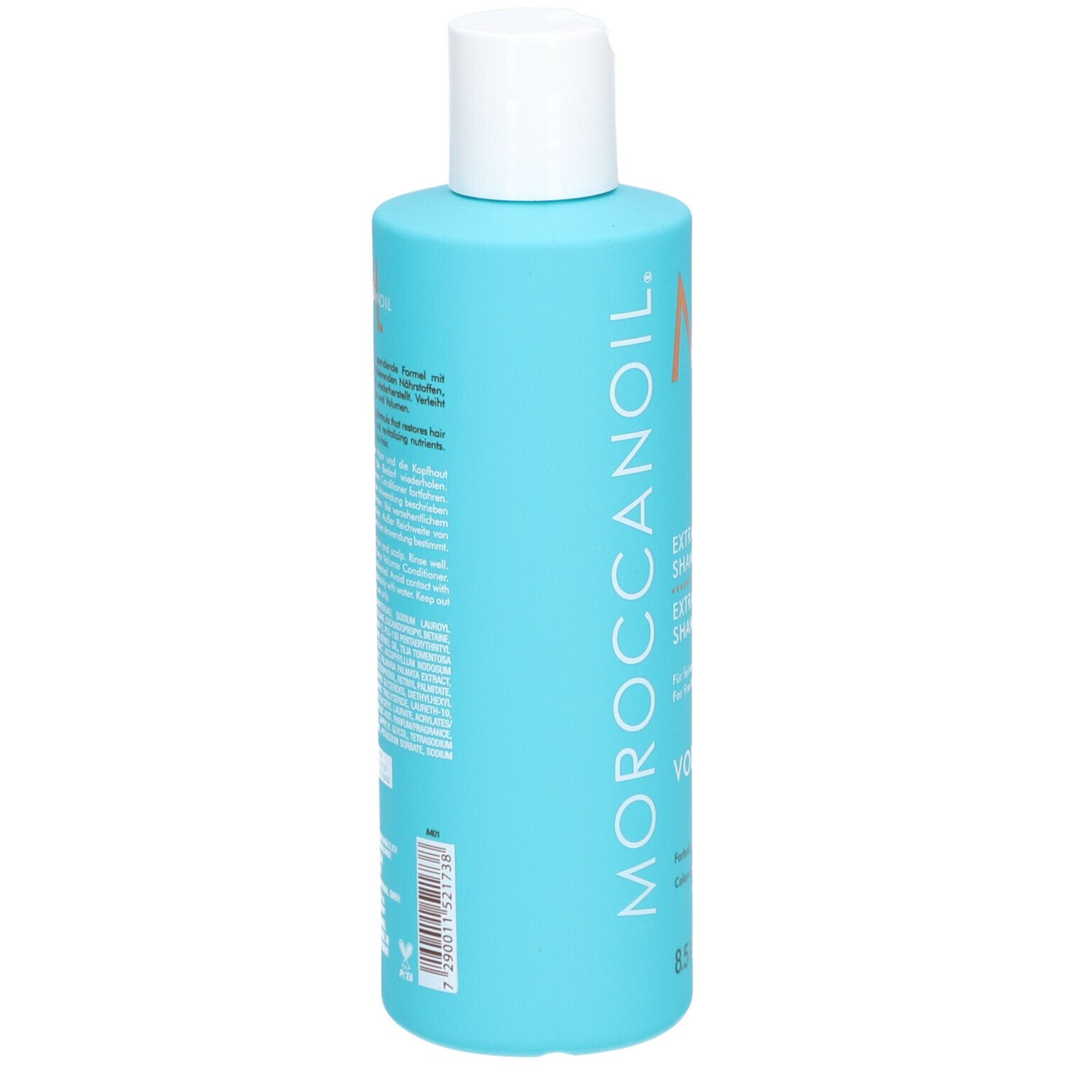 Flacone blu turchese con tappo bianco. Testo sul retro. Scritta: Moroccanoil. 8.5 FL.OZ./250 ml.